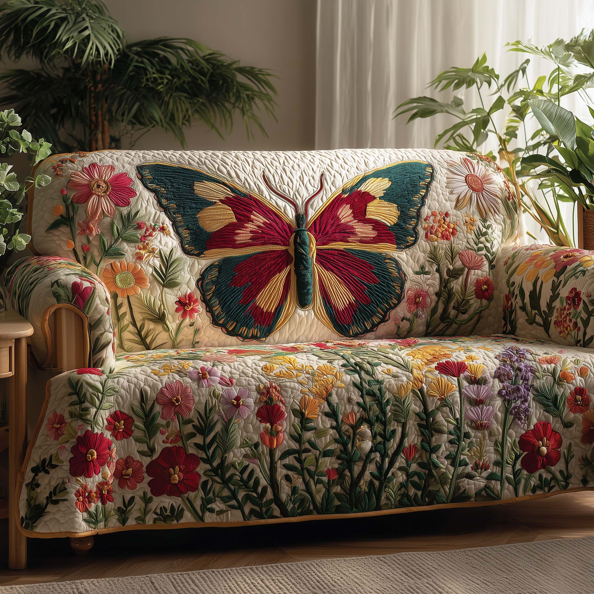 Spring Flutter Quilted Sofa Cover Butterfly Home Couch Cover Perfect Housewarming Gift Ideas - Tradiviet