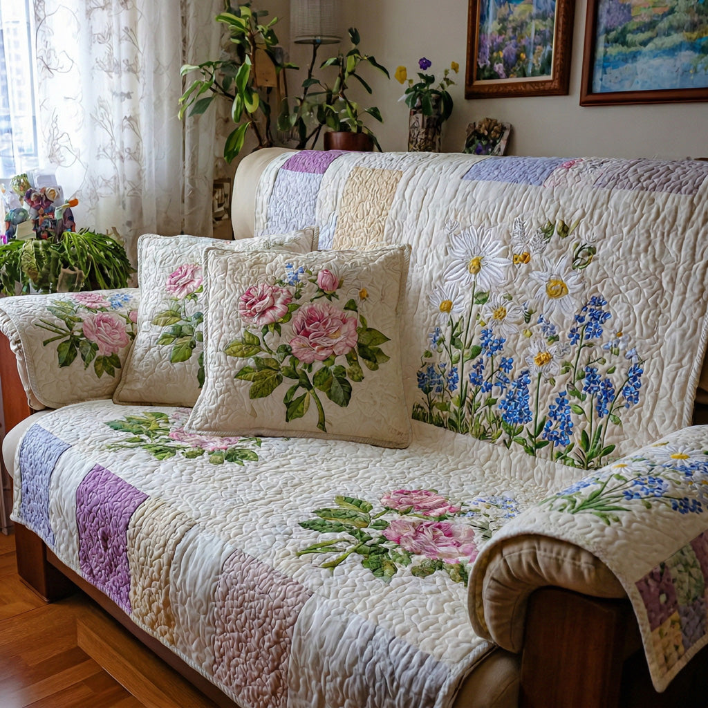 Spring Meadow Quilt Quilted Sofa Cover Classic Home Room Decor Cozy Housewarming Gift Ideas - Tradiviet