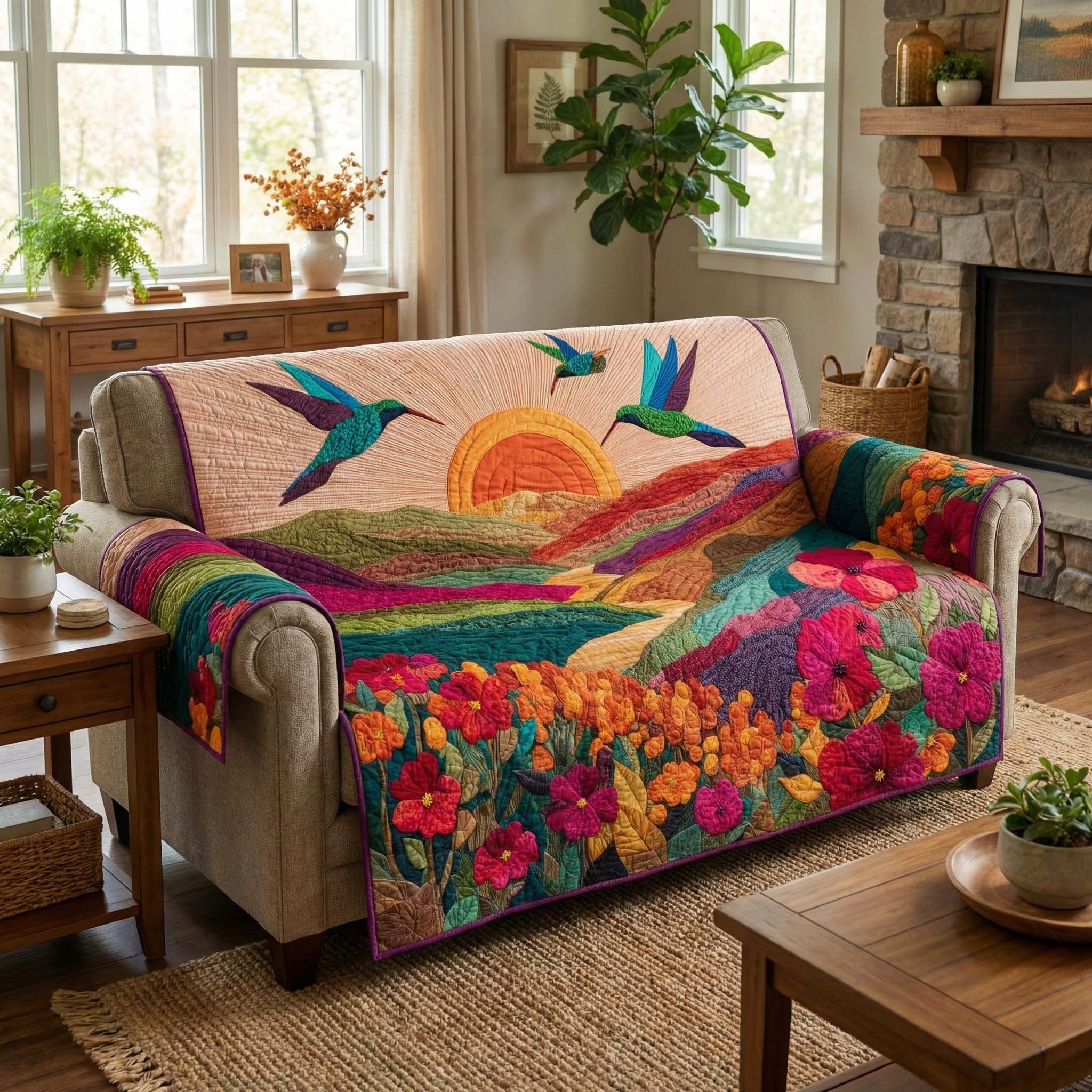 Spring Meadow Quilted Sofa Cover Floral Home Couch Cover Unique Room Decor Gifts - Tradiviet