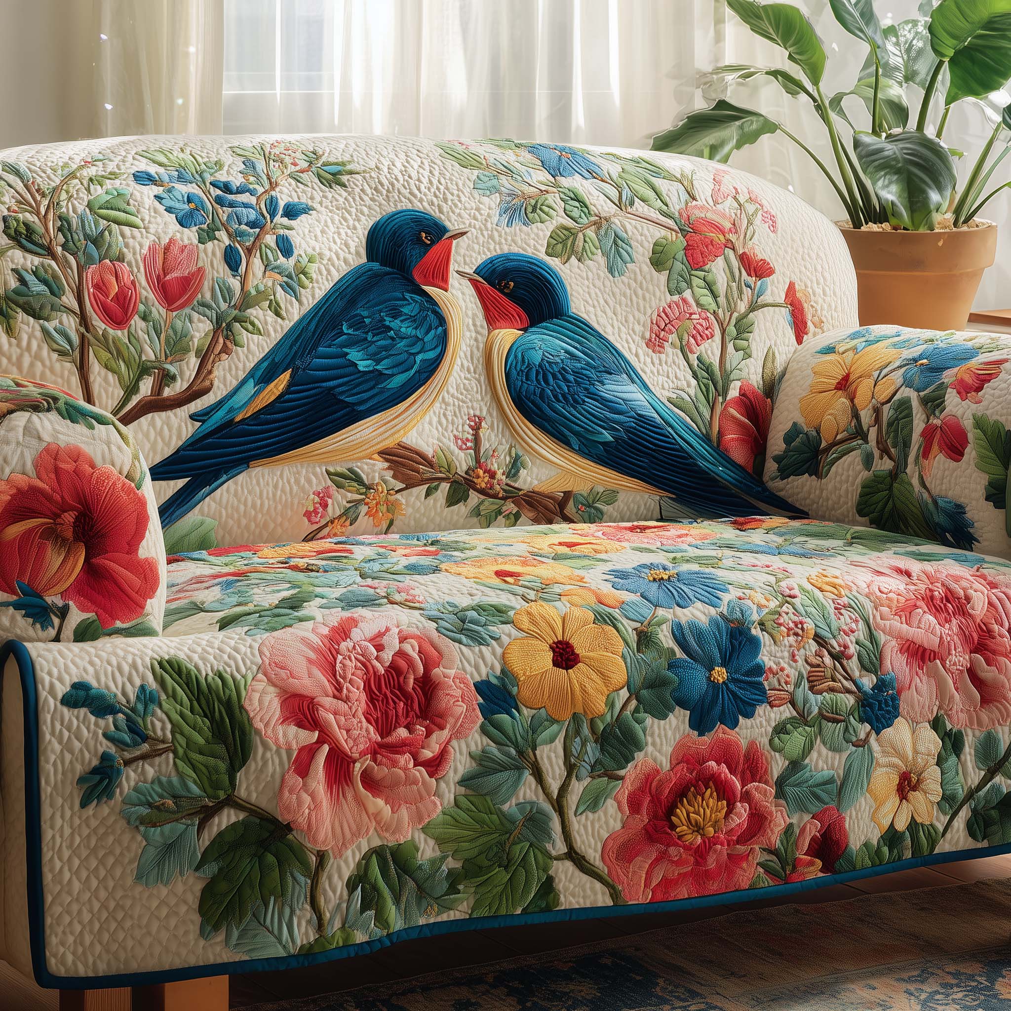 Spring Swallow Quilted Sofa Cover Bird Home Couch Cover House Lover Gift Ideas - Tradiviet