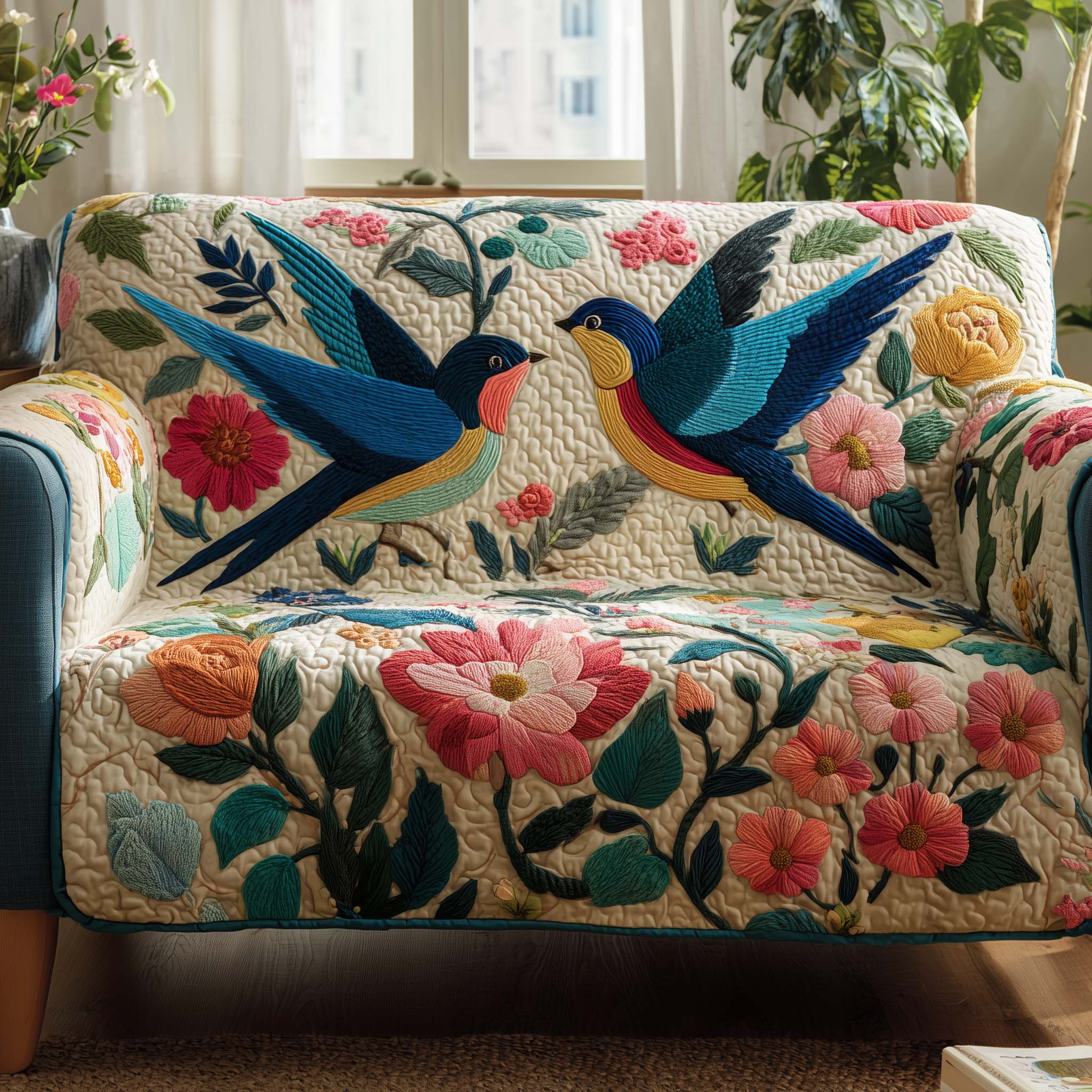 Spring Swallow Quilted Sofa Cover Bird Home Couch Cover Interior Design Gift Ideas - Tradiviet