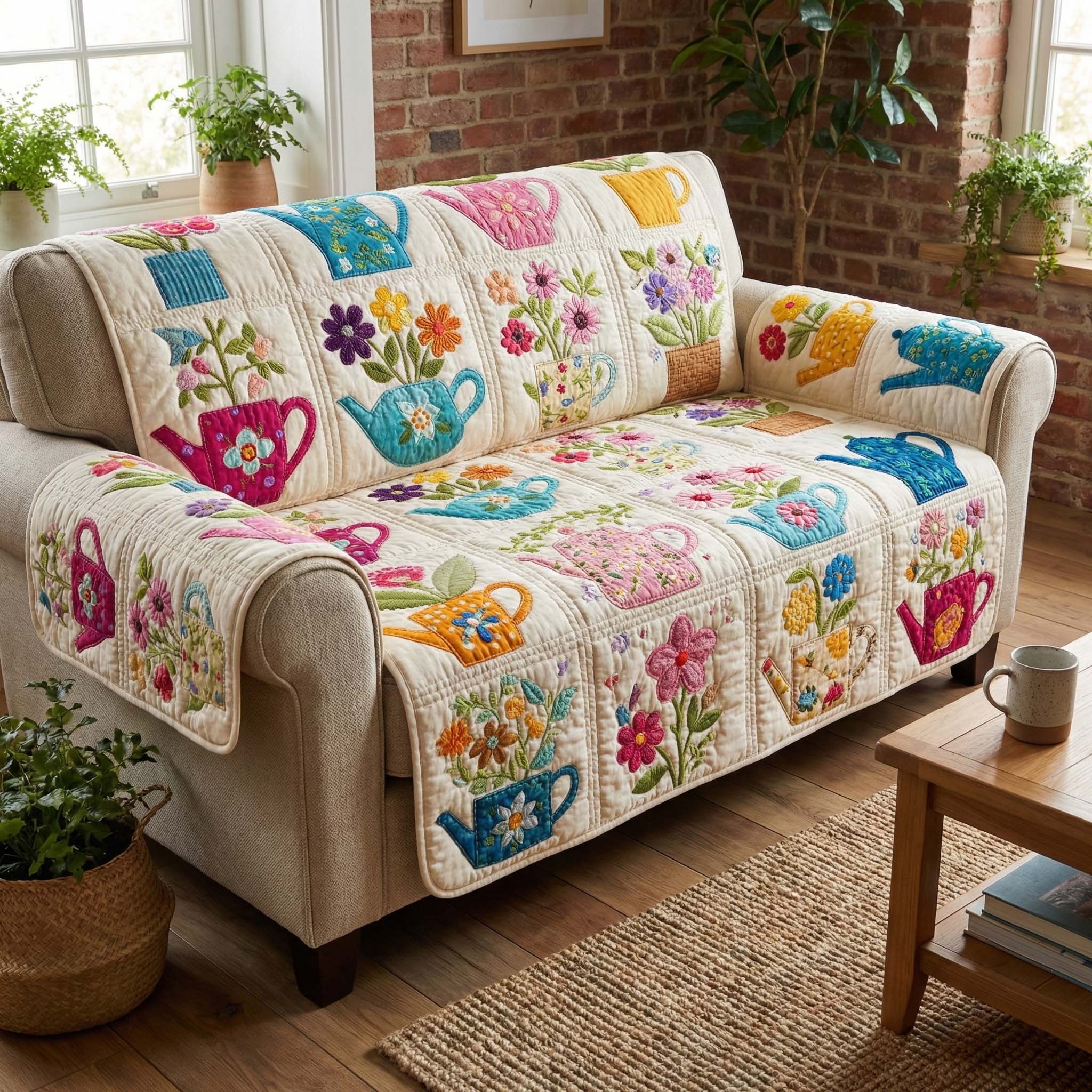 Spring Teapot Garden Quilted Sofa Cover Floral Home Couch Cover Present For House Lovers - Tradiviet