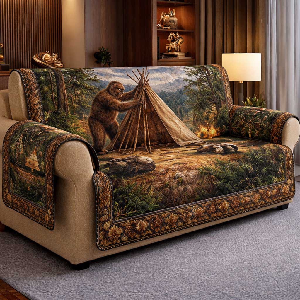 Squatch Camp Quilted Sofa Cover Forest Home Couch Cover Home Lover Gift Ideas - Tradiviet