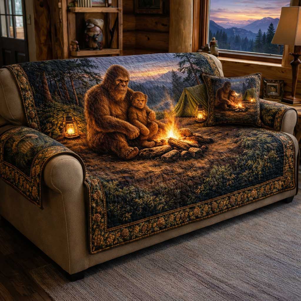 Squatch Trek Quilted Sofa Cover Forest Home Couch Cover Gift For House Lover - Tradiviet
