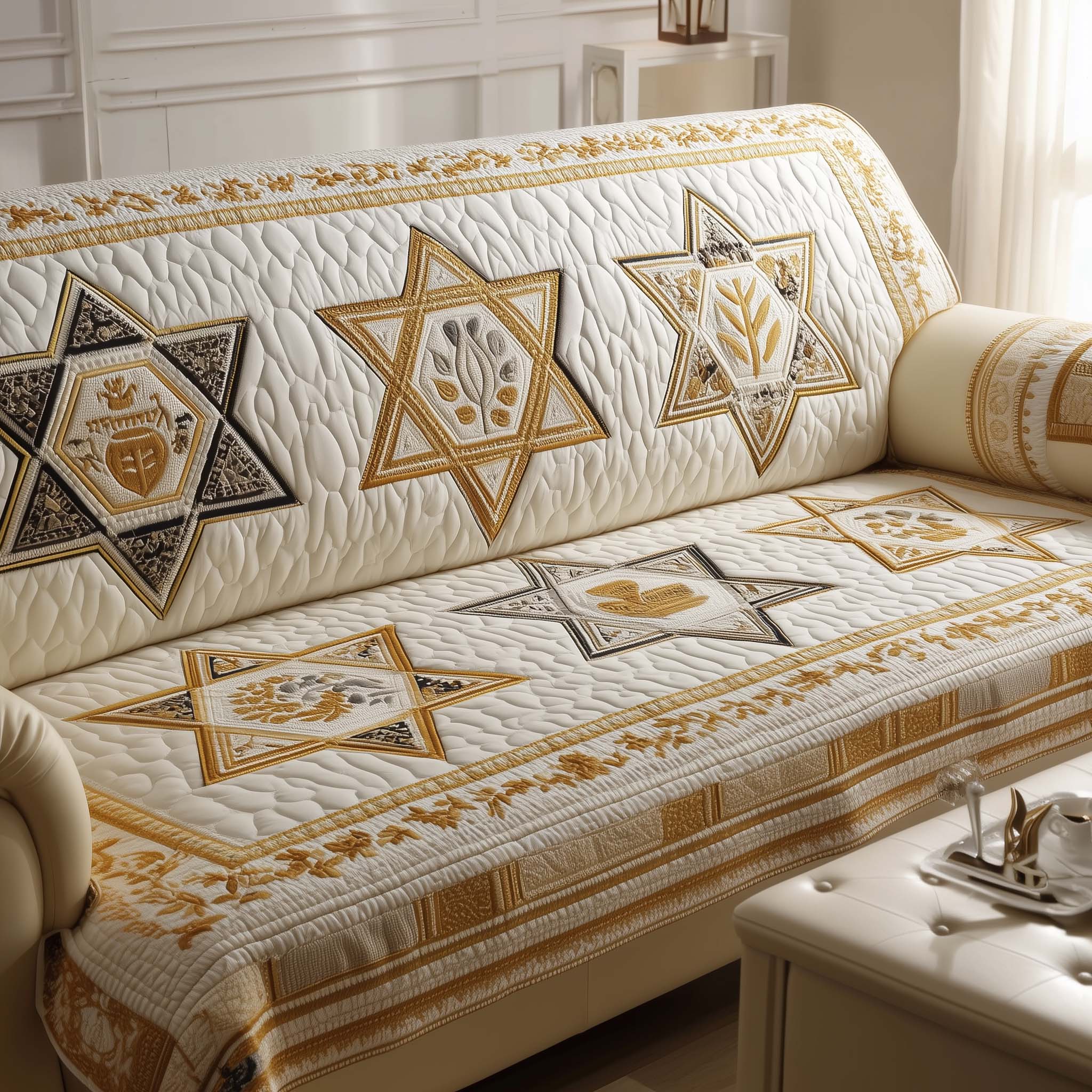 Star of David Quilted Sofa Cover Faith Home Couch Cover Bear Boyfriend Gift Ideas - Tradiviet
