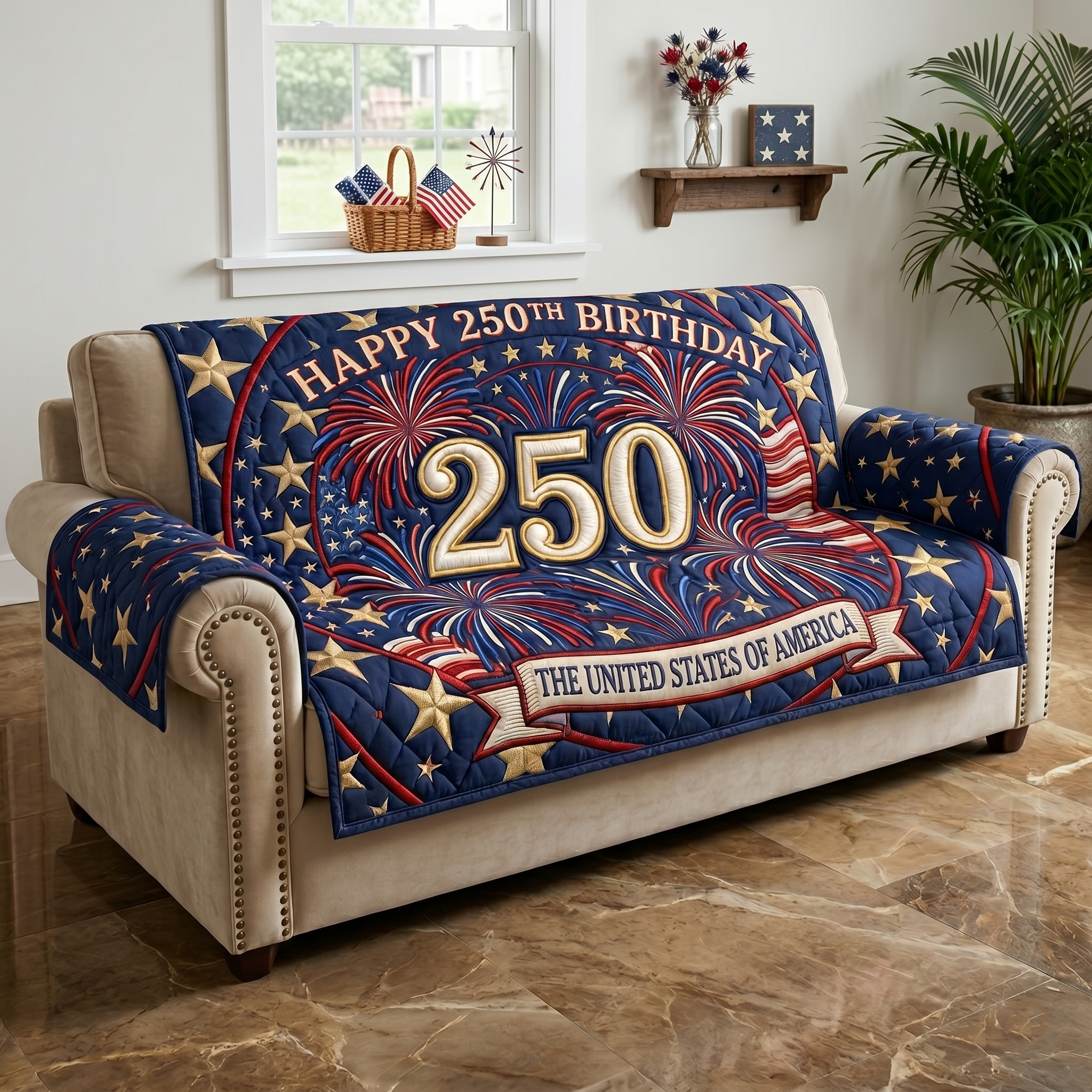 Star Spangled Jubilee Quilted Sofa Cover Holiday Room Decor Cozy Living Gift Ideas - Tradiviet