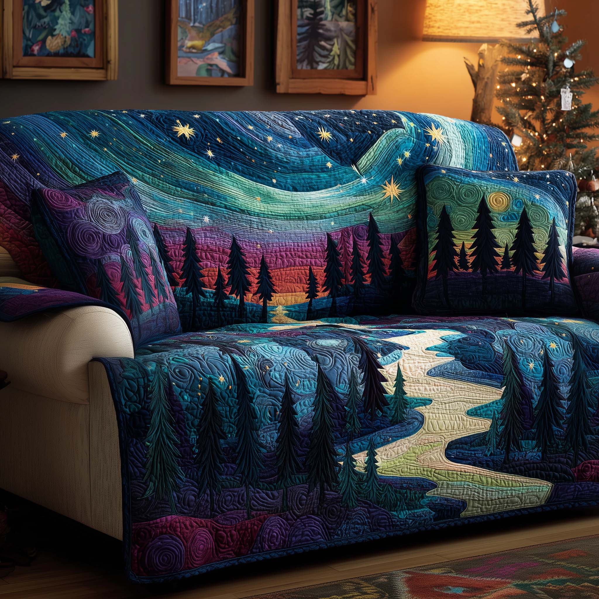 Starlit Aurora Quilted Sofa Cover Celestial Home Couch Cover Gift For Home Decorators - Tradiviet