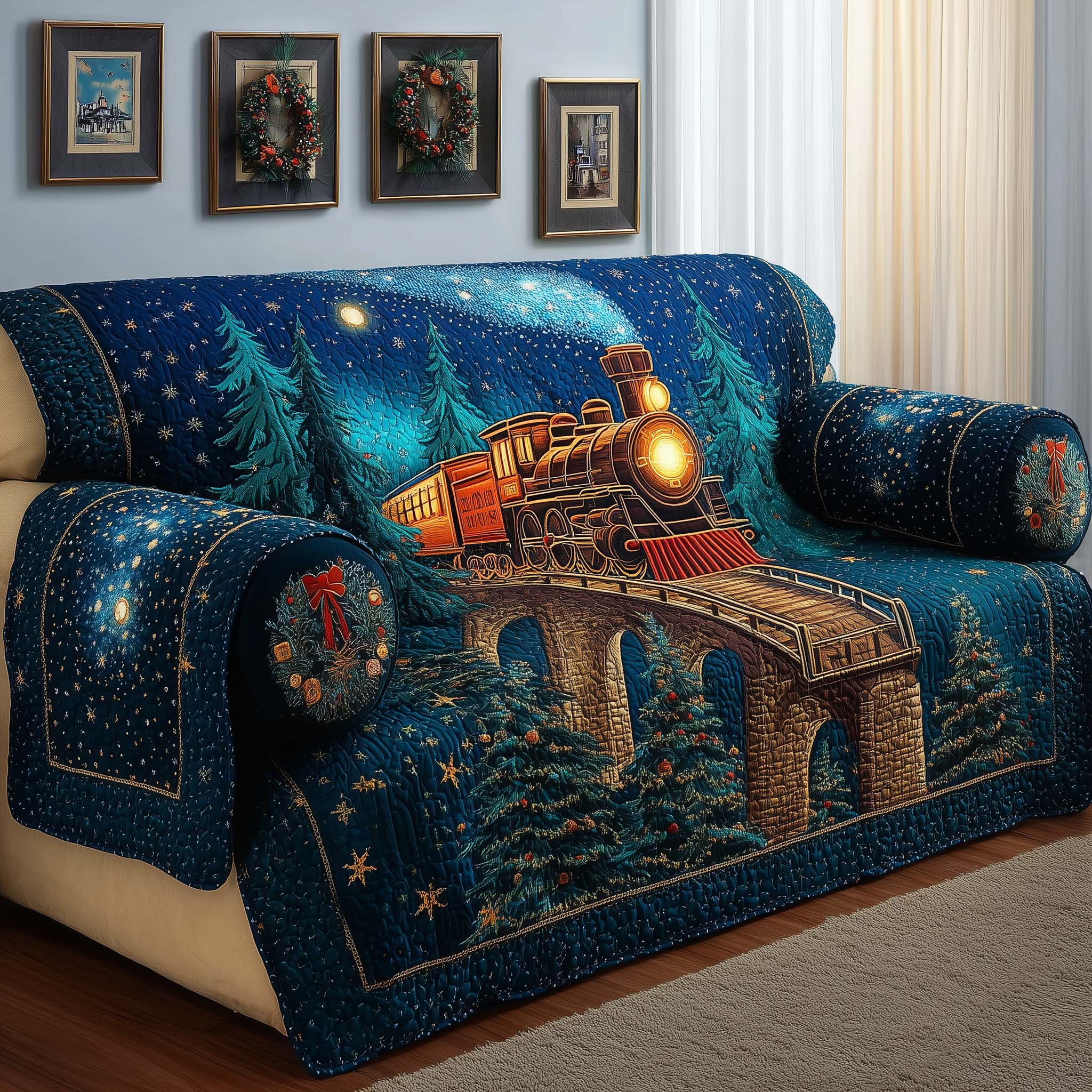 Starlit Train Quilted Sofa Cover Celestial Home Couch Cover Bear Boyfriend Gift Ideas - Tradiviet