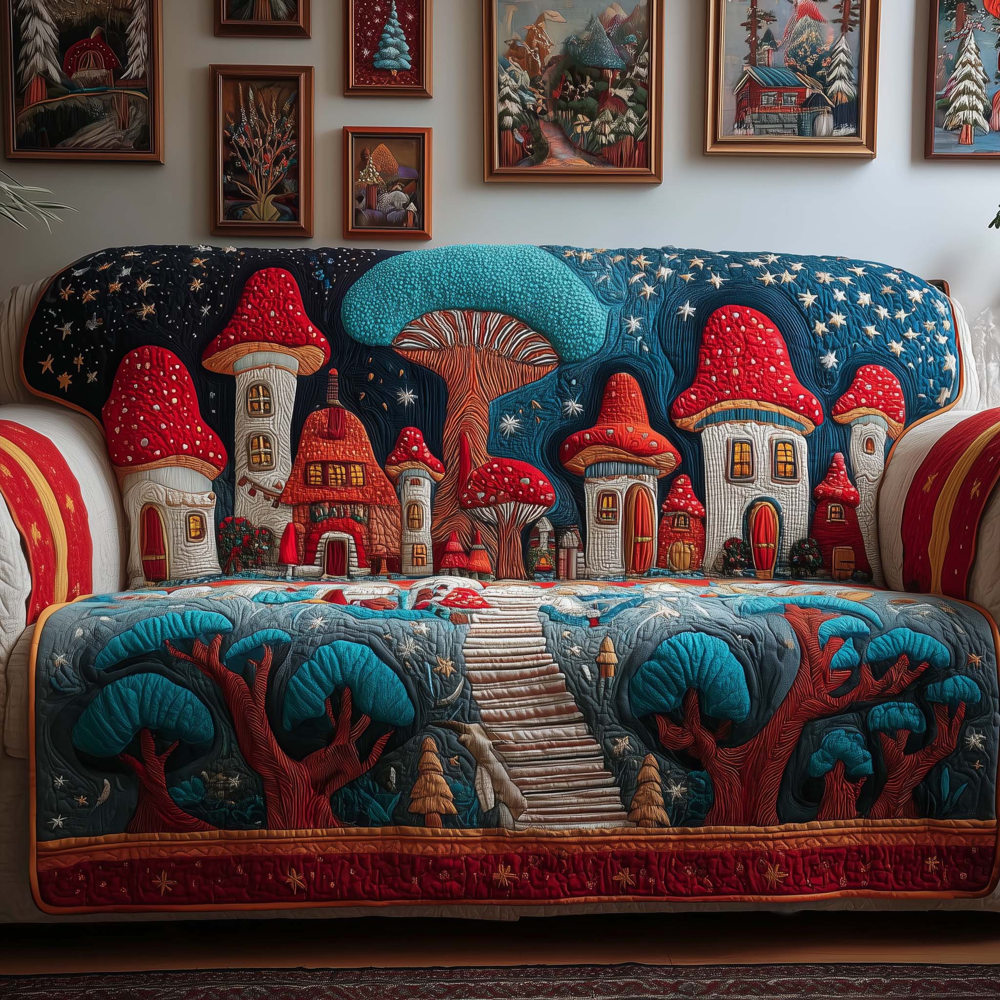 Starry Mushrooms Quilted Sofa Cover Celestial Home Couch Cover Present For New Home - Tradiviet