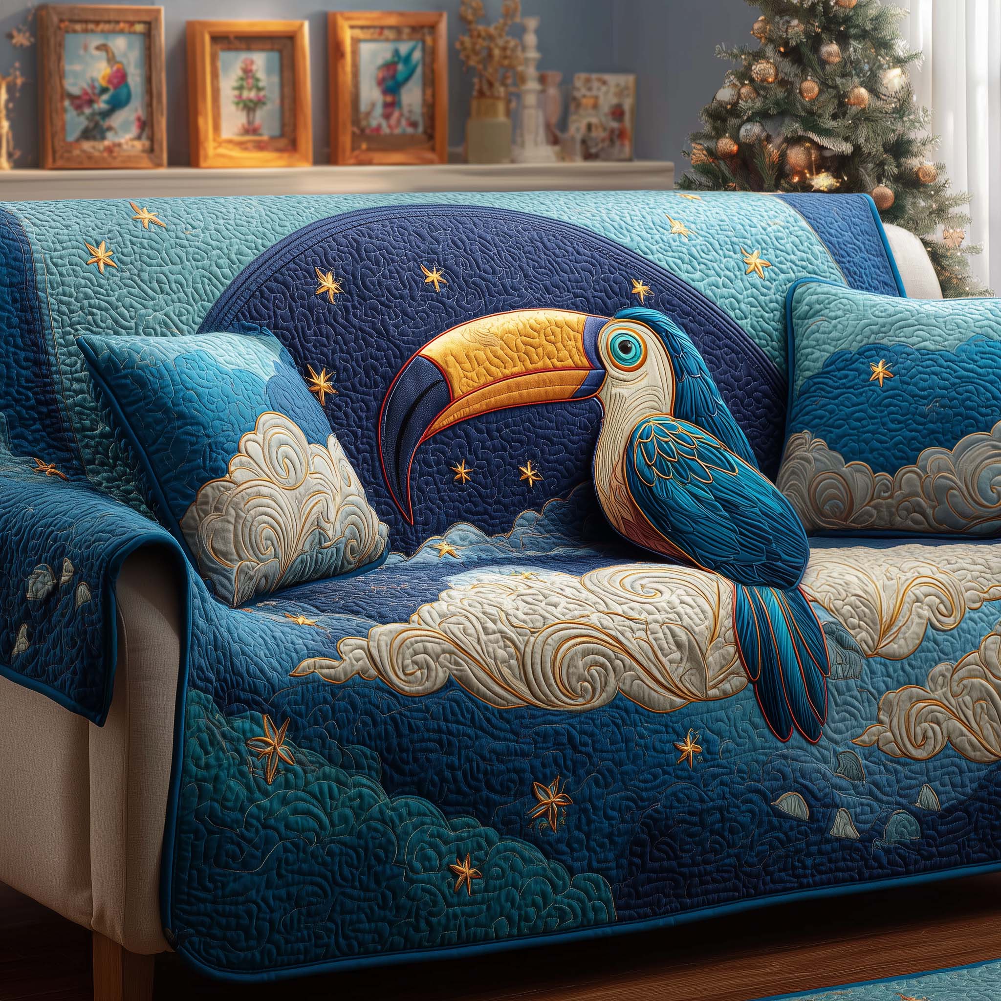 Starry Toucan Quilted Sofa Cover Bird Home Couch Cover Bear Gifts For Mom - Tradiviet
