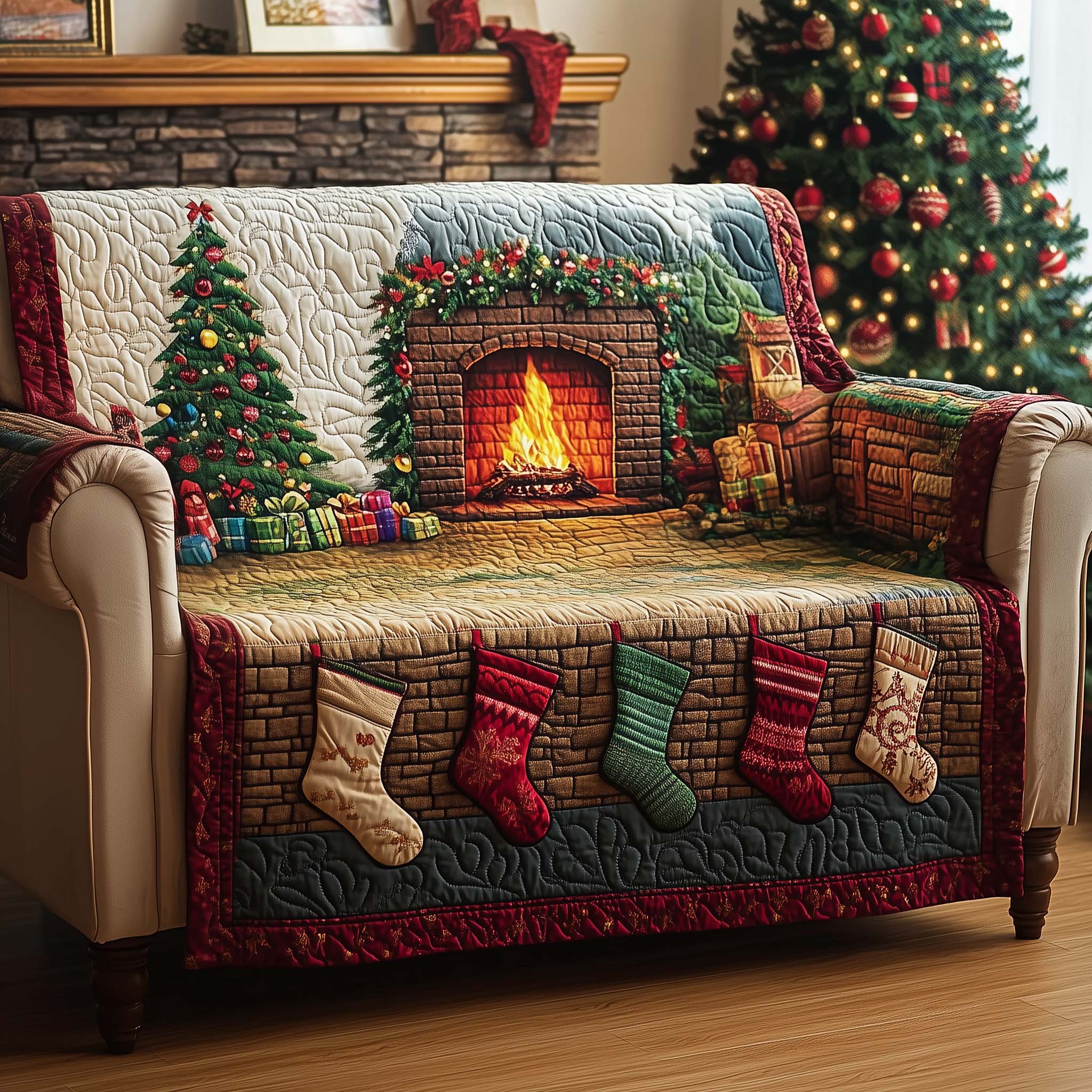 Stocking Fireplace Quilted Sofa Cover Christmas Home Couch Cover Gift For Sun Lover - Tradiviet