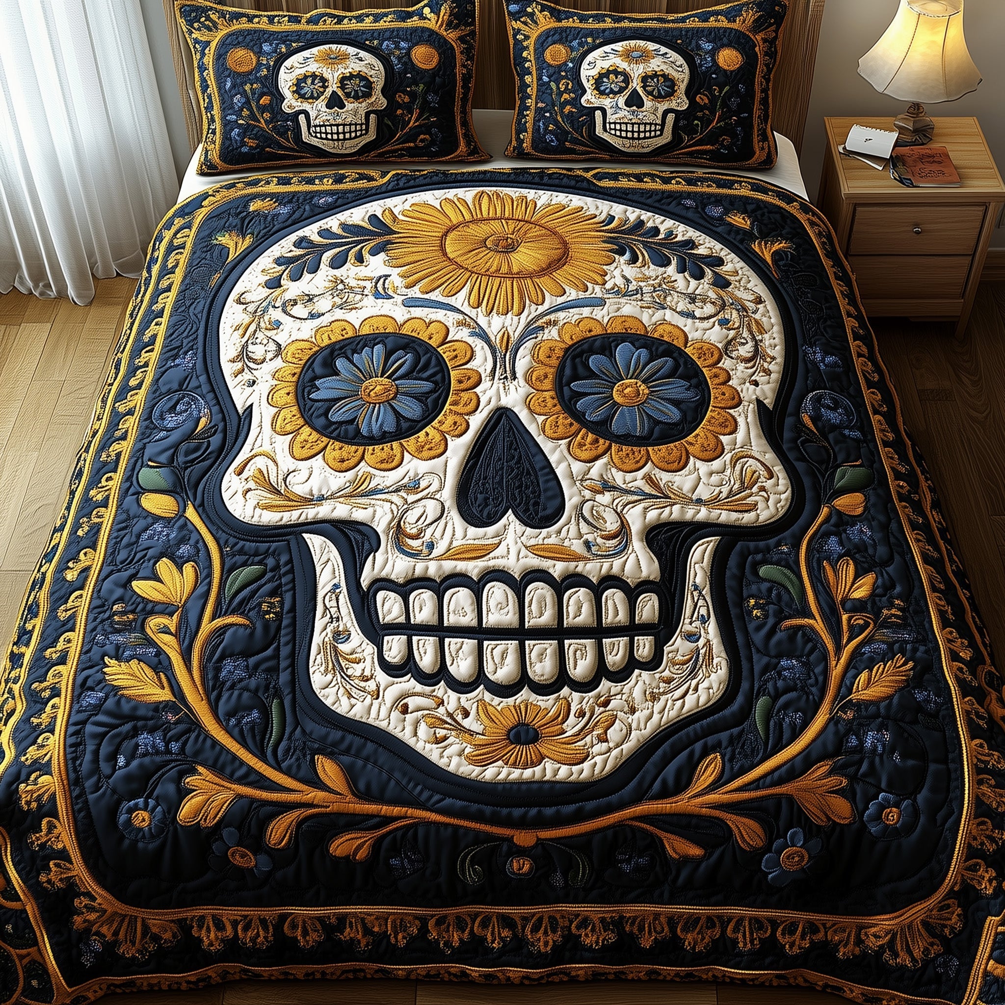 Sugar Skull Quilted Bedding Set Sugar Skull Soft Gift For Sugar Skull - Tradiviet
