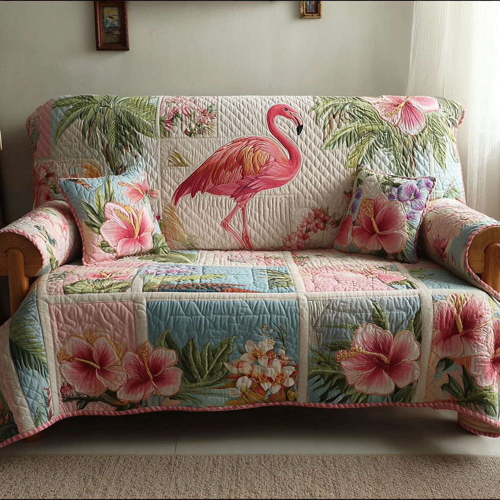 Summer Flamingo Quilted Sofa Cover Cool Couch Covers Best Father's Day Gifts For Grandpa - Tradiviet