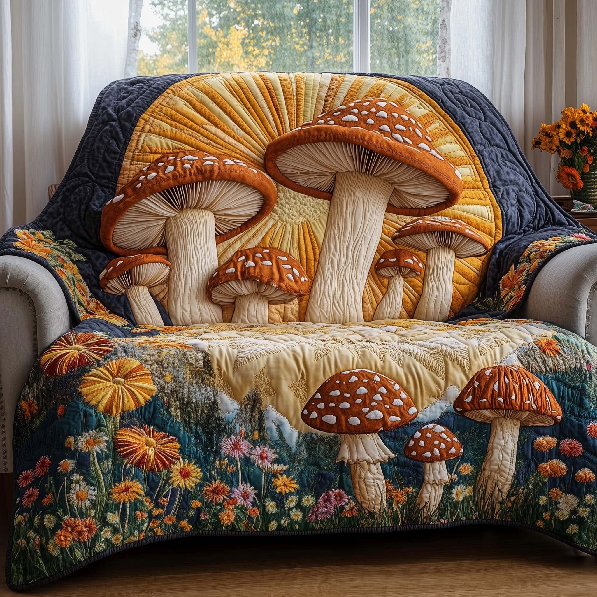 Sunburst Mushroom Quilted Sofa Cover Forest Home Couch Cover Best Housewarming Gift Ideas - Tradiviet