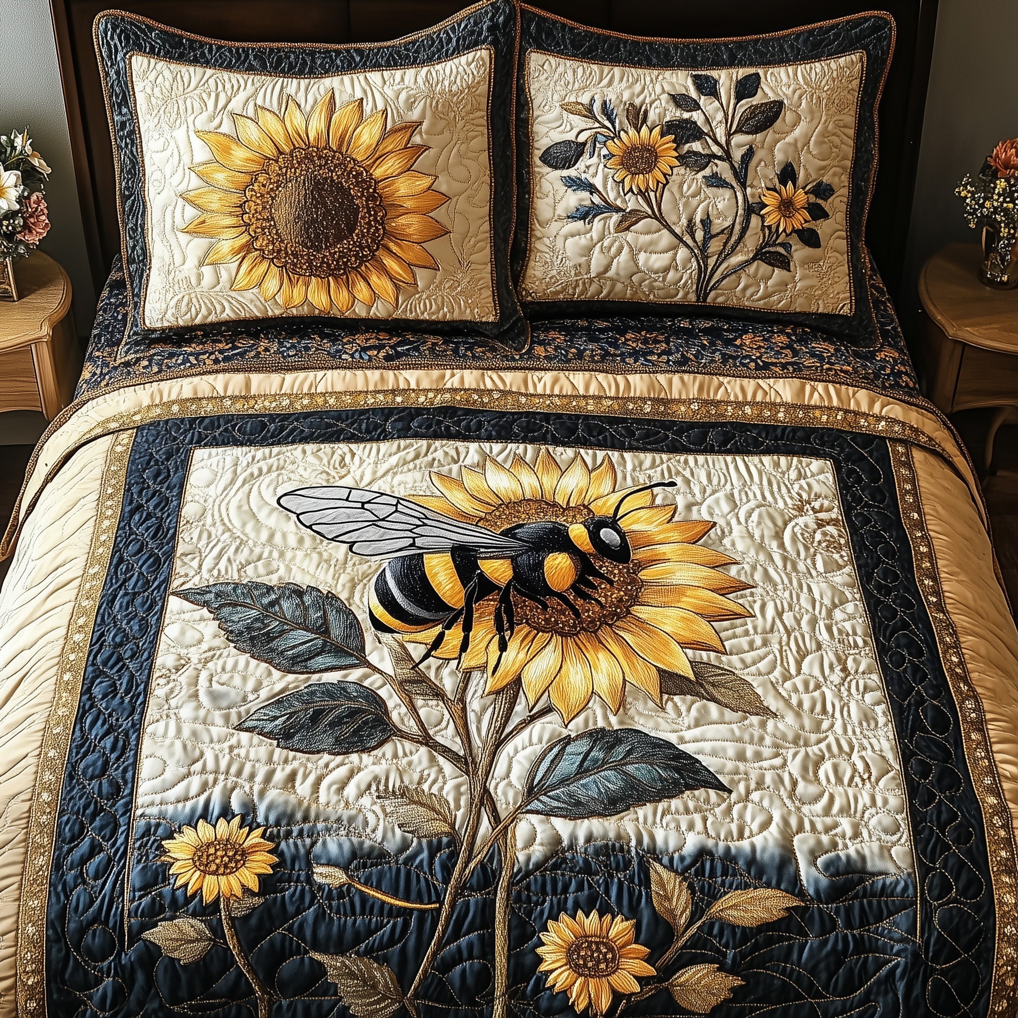 Sunflower Bee Quilted Bedding Set Sunflower Bee Charm Gift For Bee Lovers - Tradiviet
