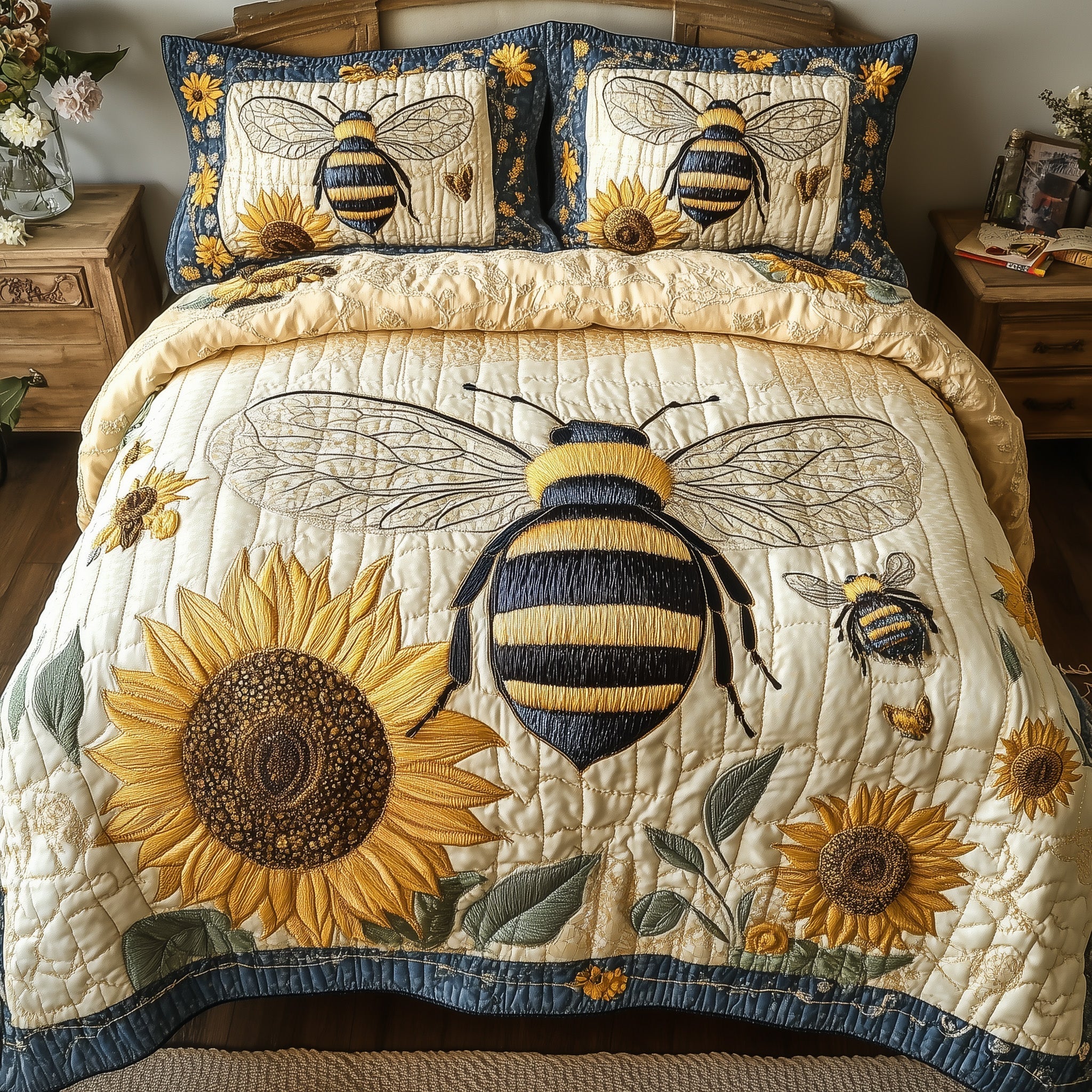Sunflower Bee Quilted Bedding Set Sunflower Bee Comfort Gift For Sunflower Family - Tradiviet