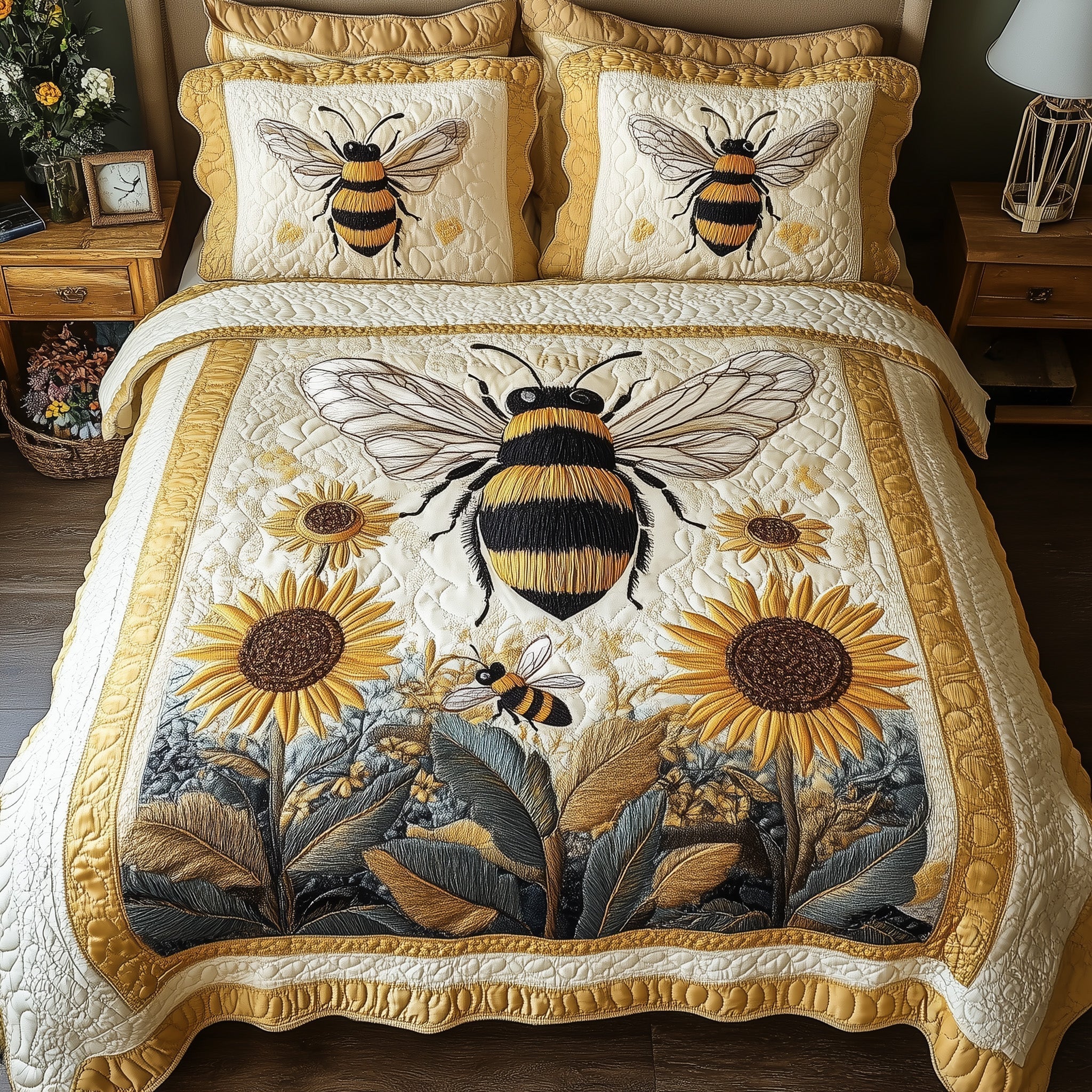 Sunflower Bee Quilted Bedding Set Sunflower Bee Dream Gift For Bee Mom - Tradiviet