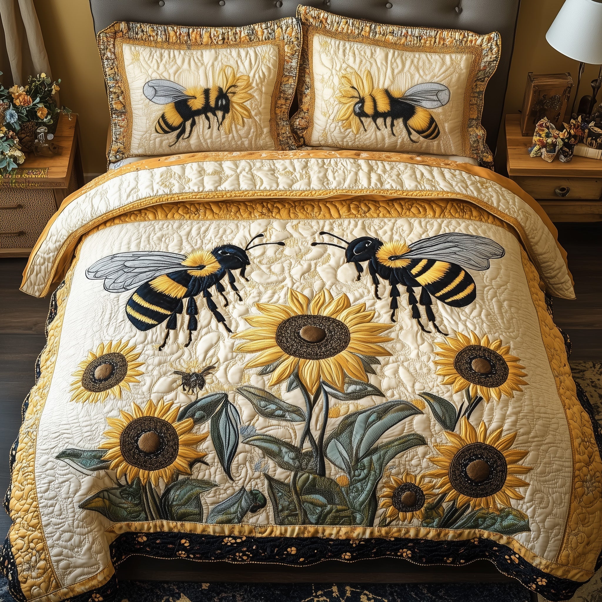 Sunflower Bee Quilted Bedding Set Sunflower Bee Essence Gift For Sunflower Friends - Tradiviet