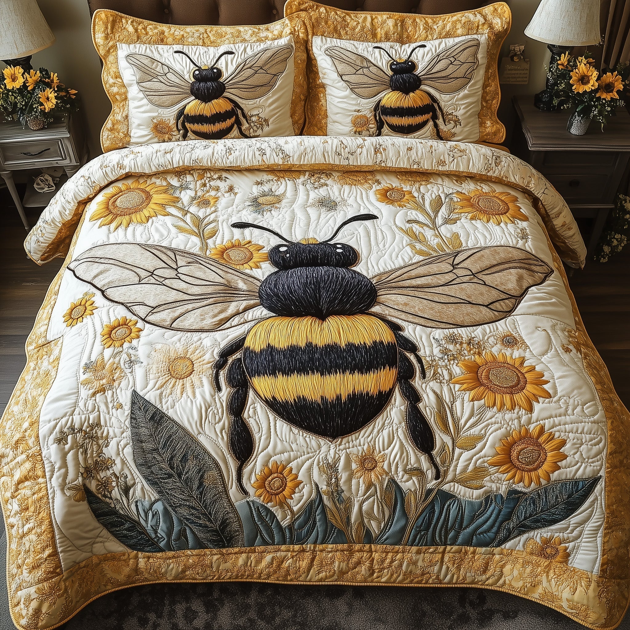 Sunflower Bee Quilted Bedding Set Sunflower Bee Homeware Gift For Sunflower Husband - Tradiviet