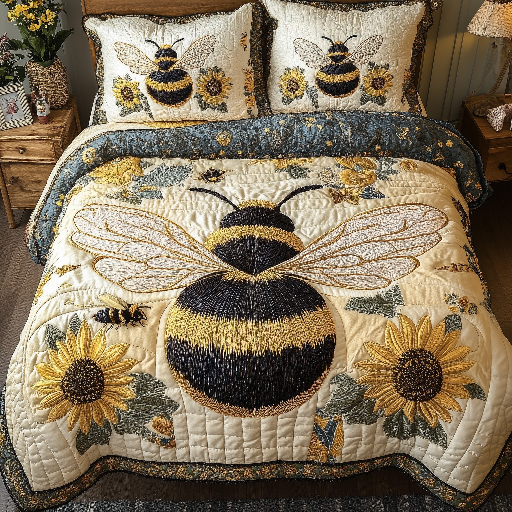 Sunflower Bee Quilted Bedding Set Sunflower Bee Keepsakes Gift For Sunflower Bee - Tradiviet