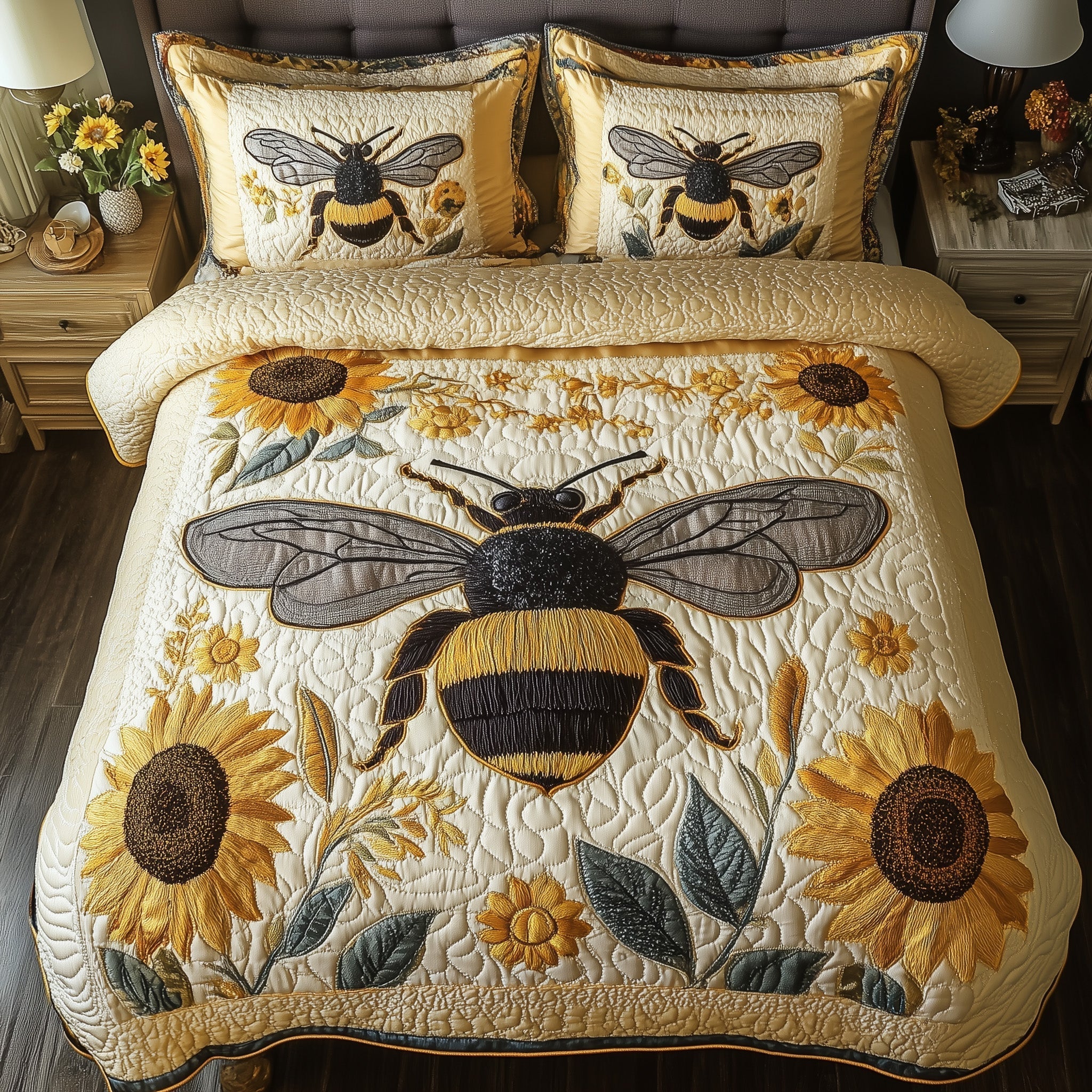 Sunflower Bee Quilted Bedding Set Sunflower Bee Landscape Gift For Sunflower Wife - Tradiviet