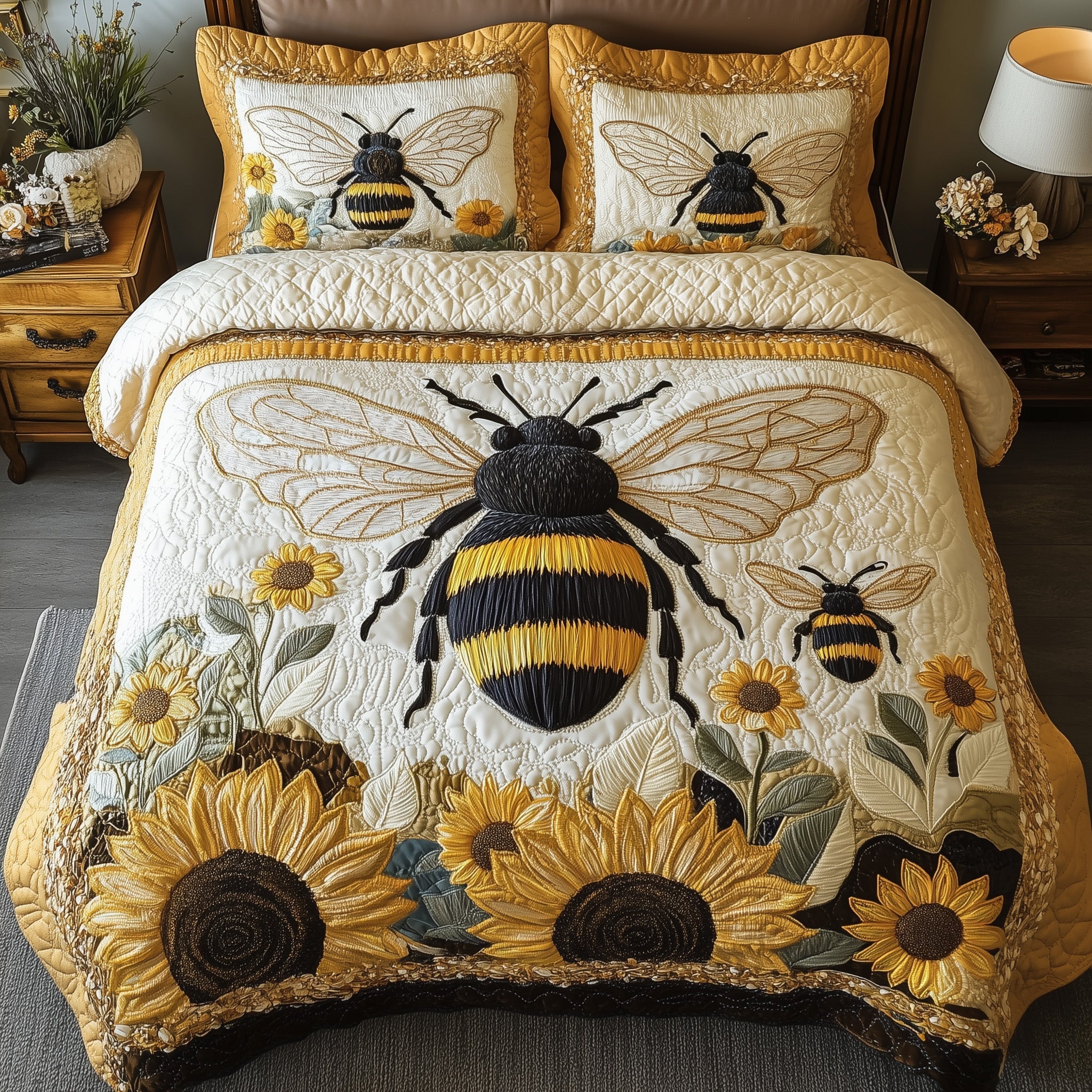 Sunflower Bee Quilted Bedding Set Sunflower Bee Oasis Gift For Bee Dad - Tradiviet