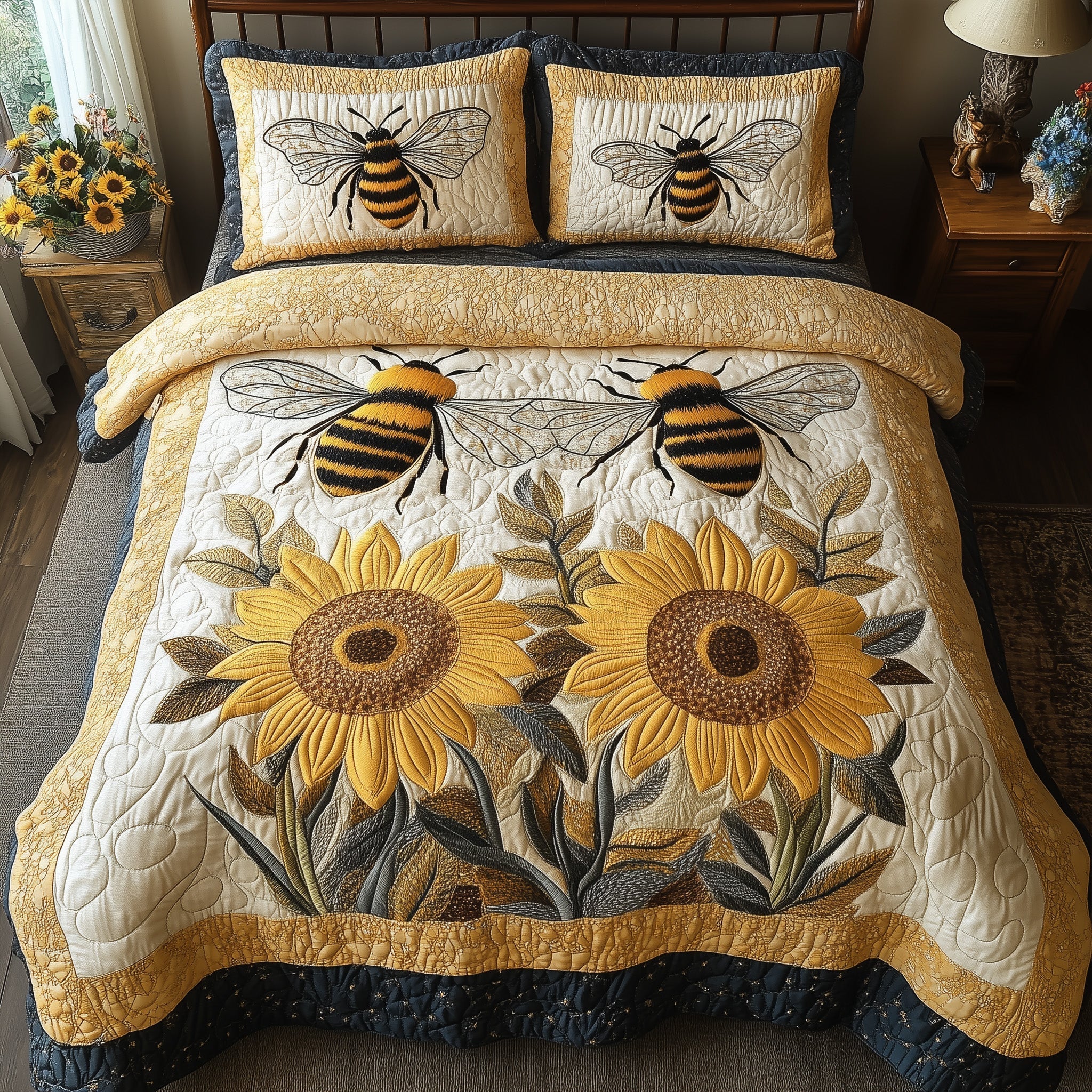 Sunflower Bee Quilted Bedding Set Sunflower Bee Textile Gift For Bee Wife - Tradiviet