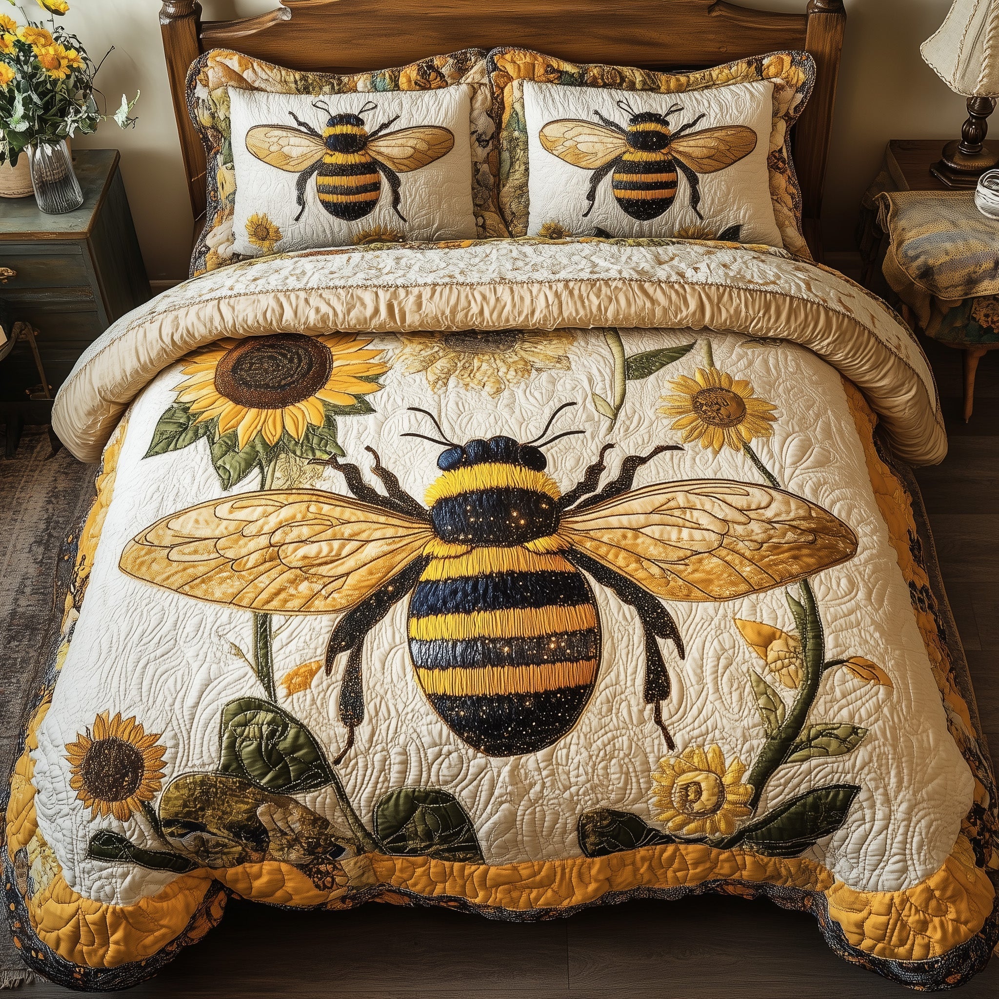 Sunflower Bee Quilted Bedding Set Sunflower Bee Vision Gift For Sunflower Mom - Tradiviet