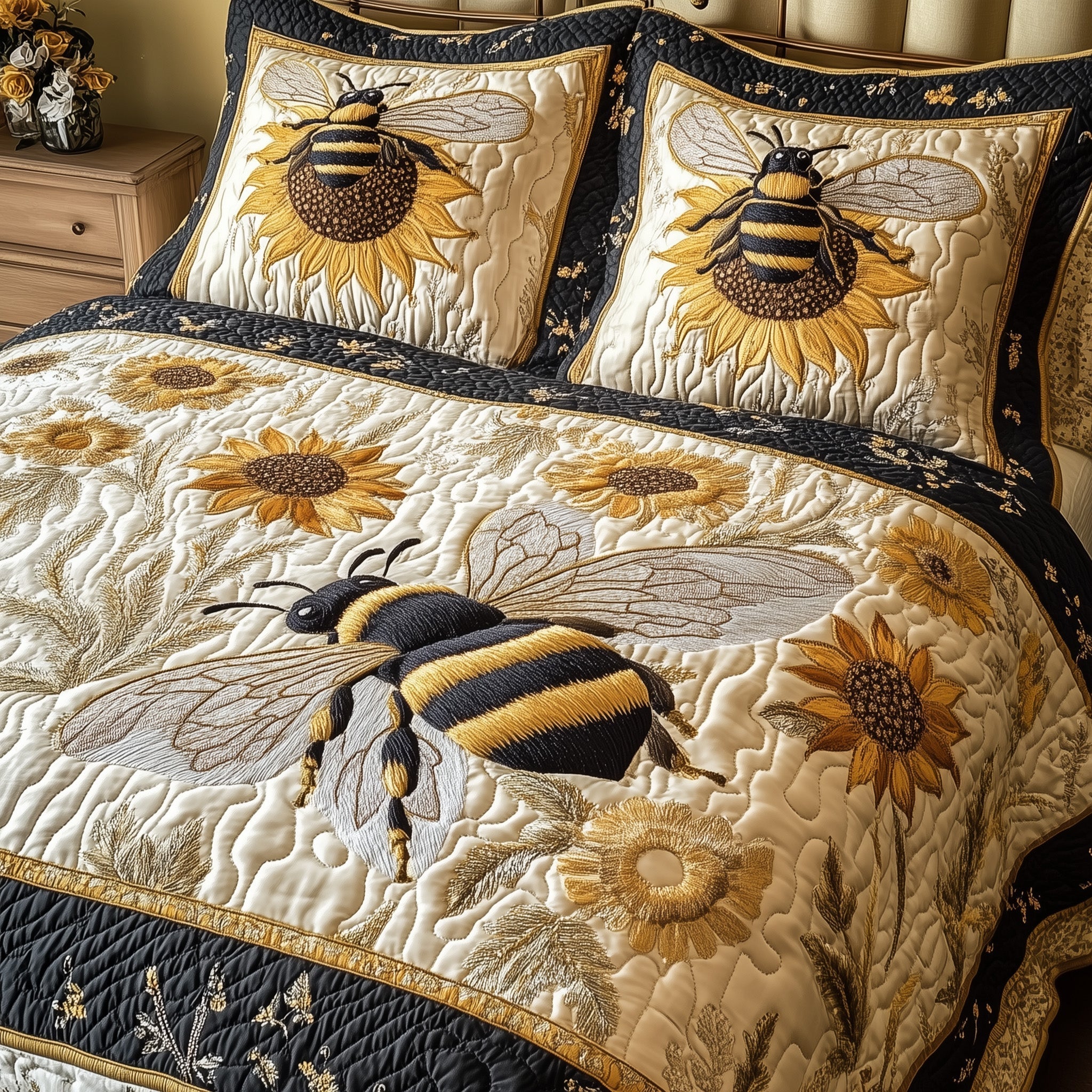 Sunflower Bee Quilted Bedding Set Sunflower Bee Warmth Gift For Sunflower Dad - Tradiviet