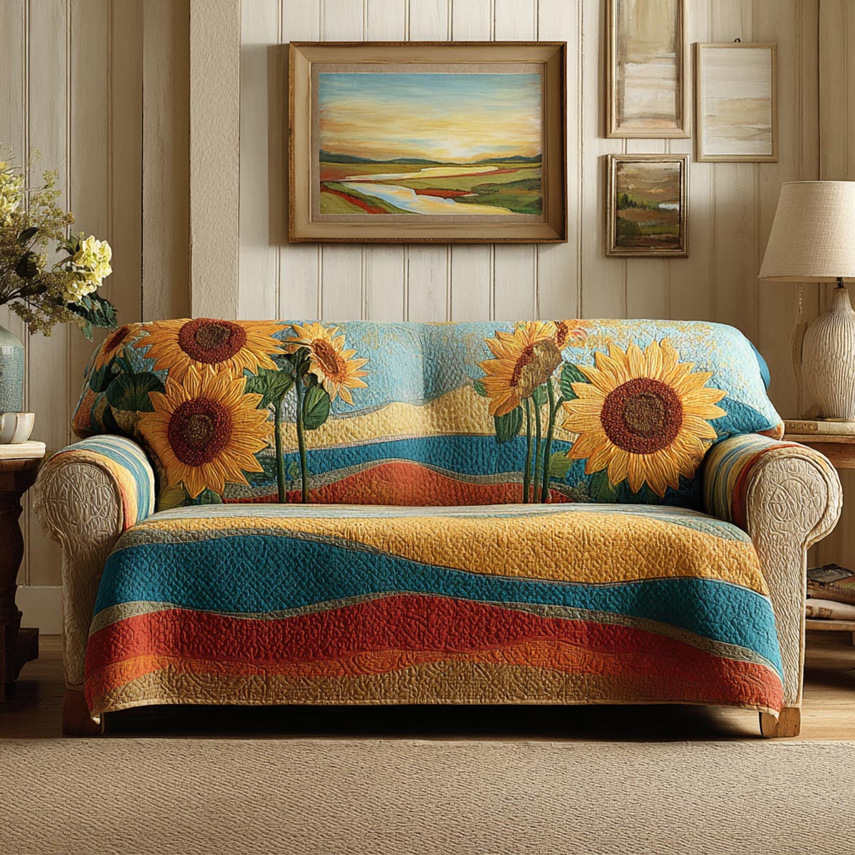 Sunflower Bliss Quilted Sofa Cover Elegant Home Room Decor Unique Sunset Lover Gifts - Tradiviet