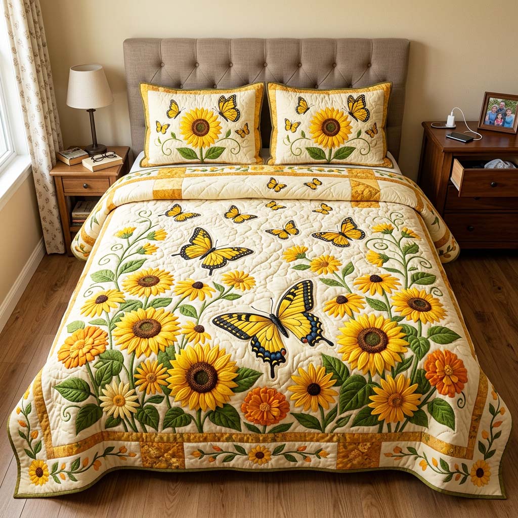 Sunflower Butterfly Quilted Bedding Set Sunflower Butterfly Essence Gift For Sunflower Butterfly - Tradiviet