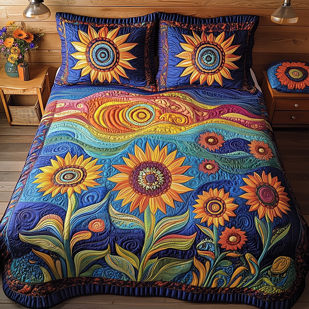 Sunflower Field Quilted Bedding Set Sunflower Field Interior Gift For Sunflower Lovers - Tradiviet