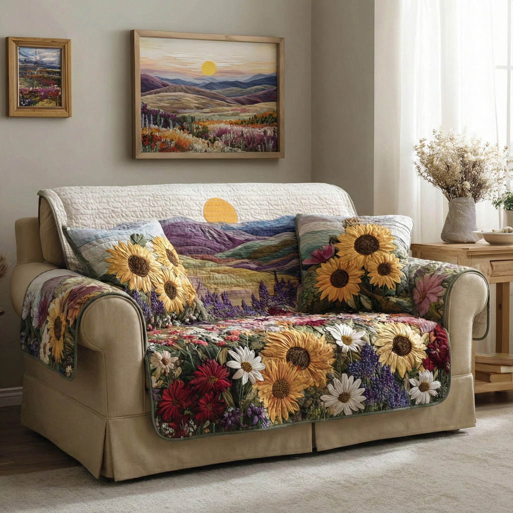 Sunflower Fields Quilted Sofa Cover Soft Room Decor Sun Gift For Him - Tradiviet