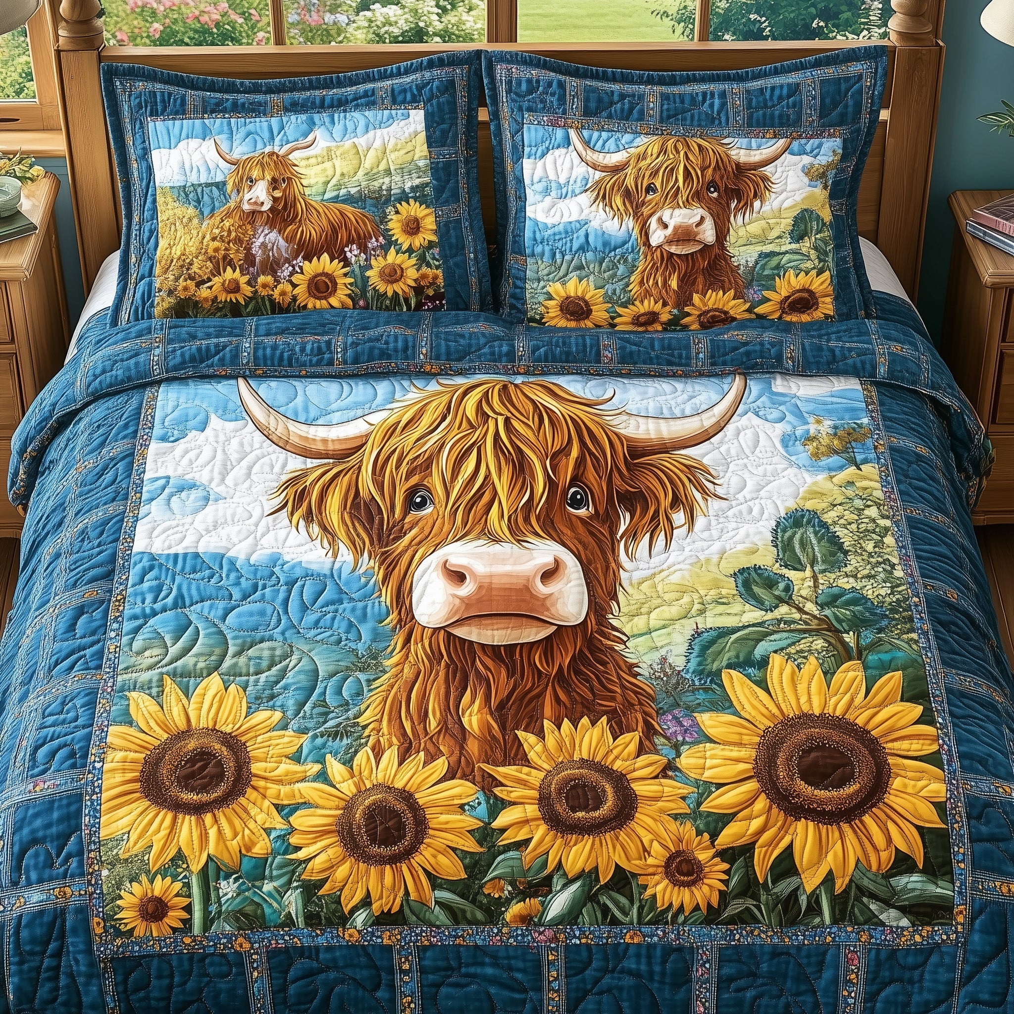 Sunflower Highland Cow Quilted Bedding Set Sunflower Highland Idea Gift For Sunflower Highland - Tradiviet