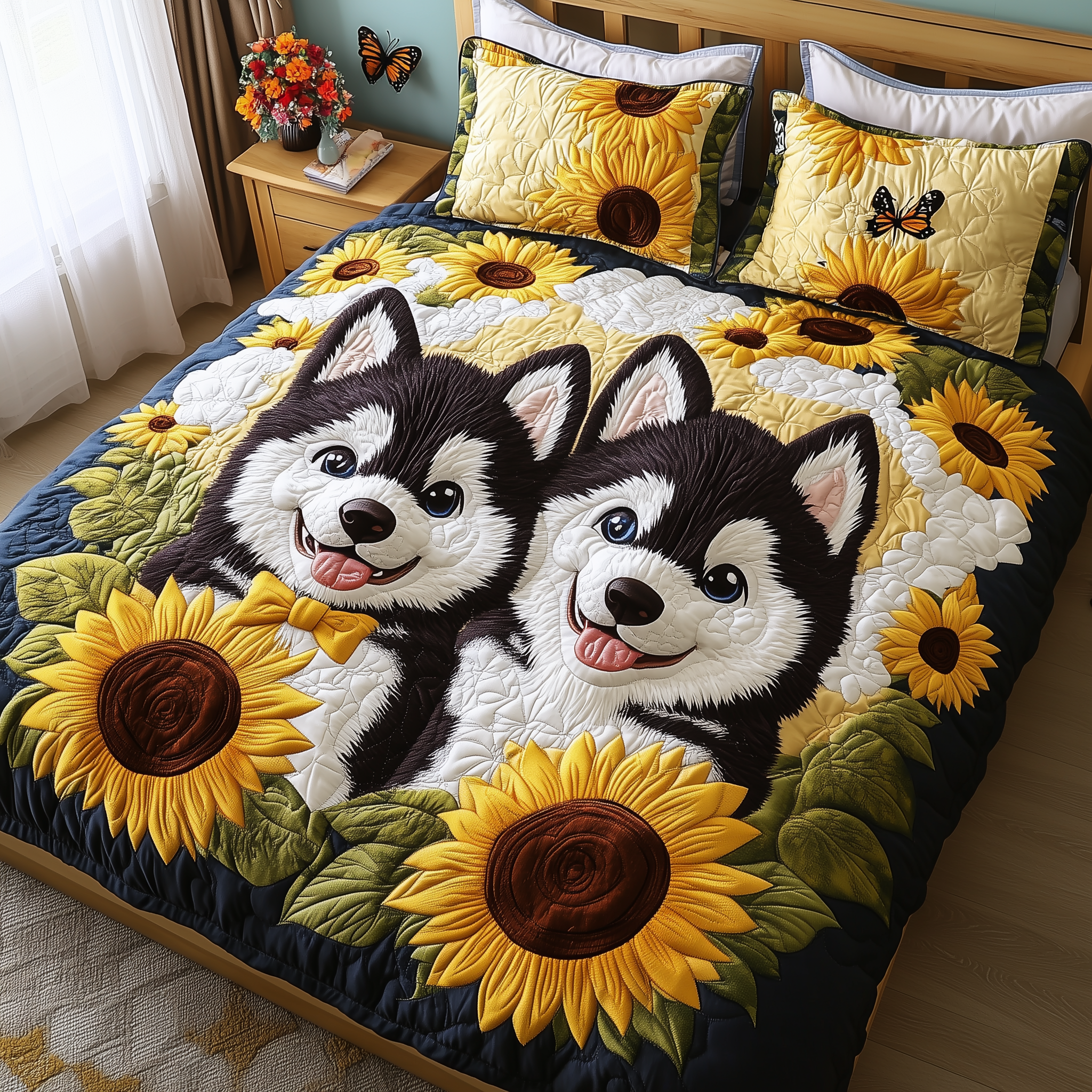 Sunflower Husky Paradise Quilted Bedding Set Sunflower Husky Hideaway Gift Ideas - Tradiviet