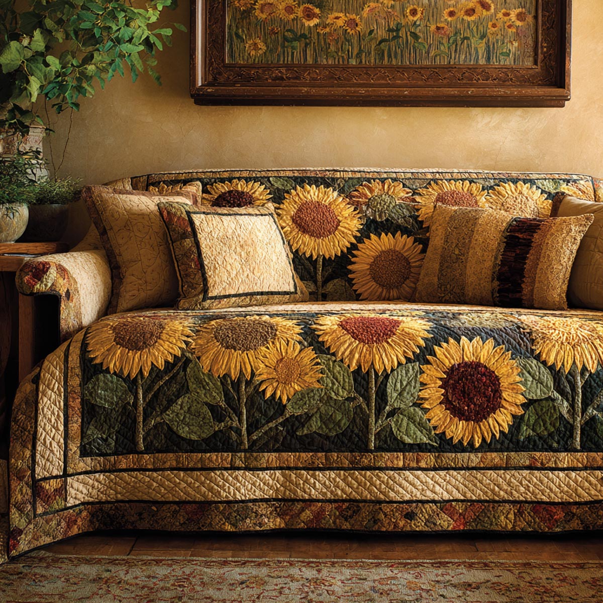 Sunflower Meadow Quilted Sofa Cover Natural Home Room Decor Gifts For Sunrise Lovers - Tradiviet
