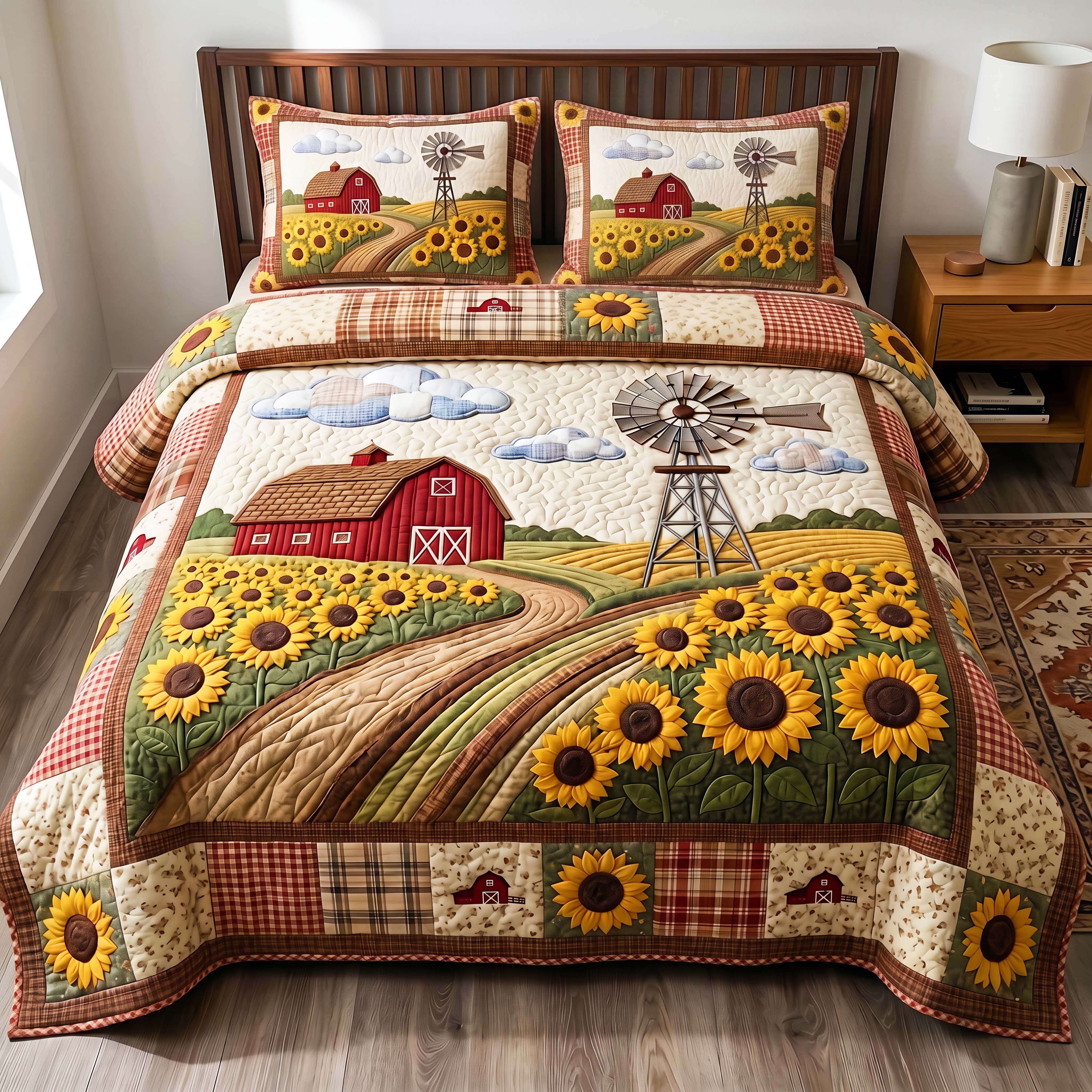 Sunflower Windmill Quilted Bedding Set Sunflower Windmill Calm Gift For Sunflower Windmill - Tradiviet