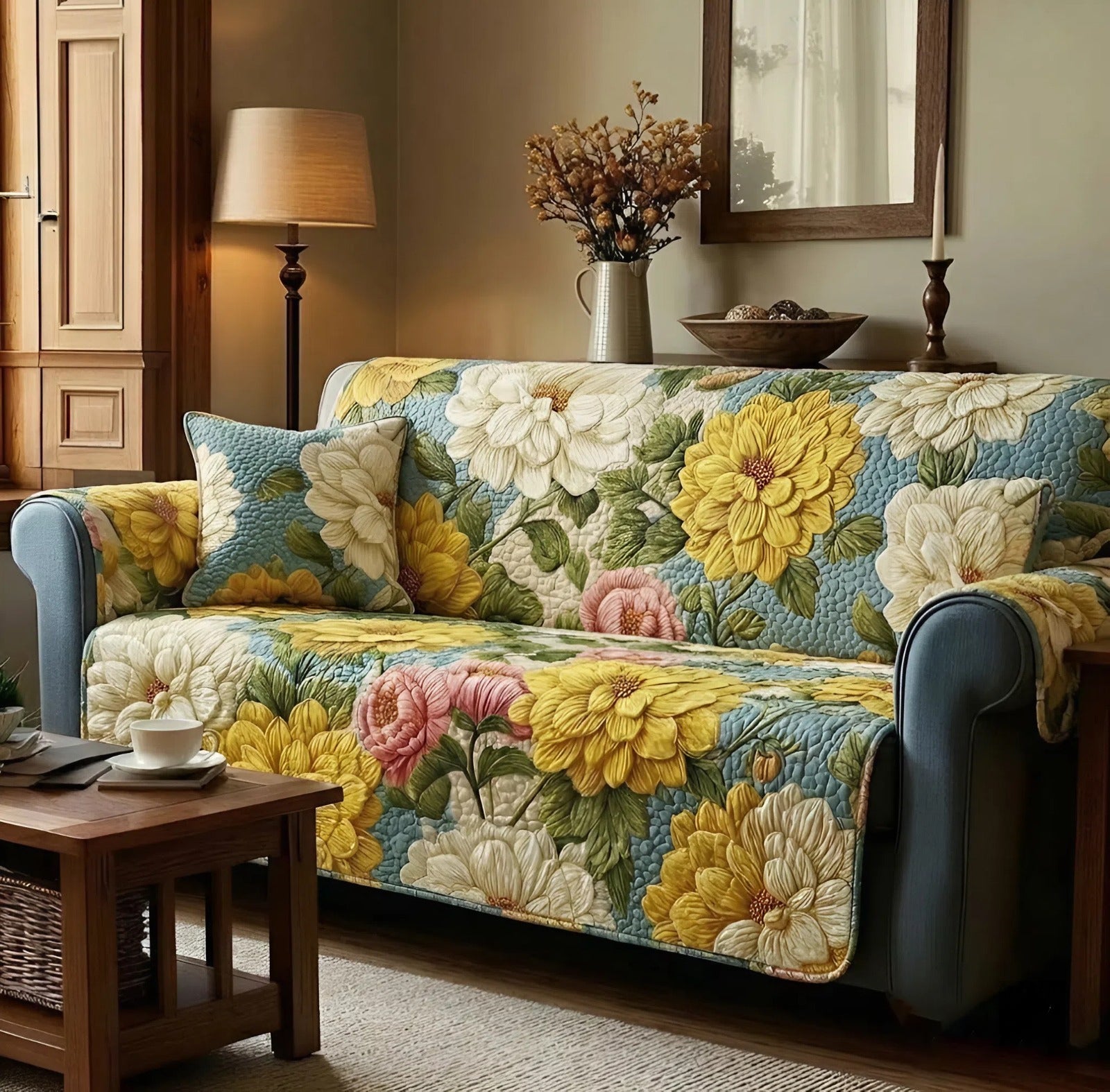 Sunlit Daisy Garden Quilted Sofa Cover Trendy Home Room Decor Sunshine Lover Gift Ideas - Tradiviet