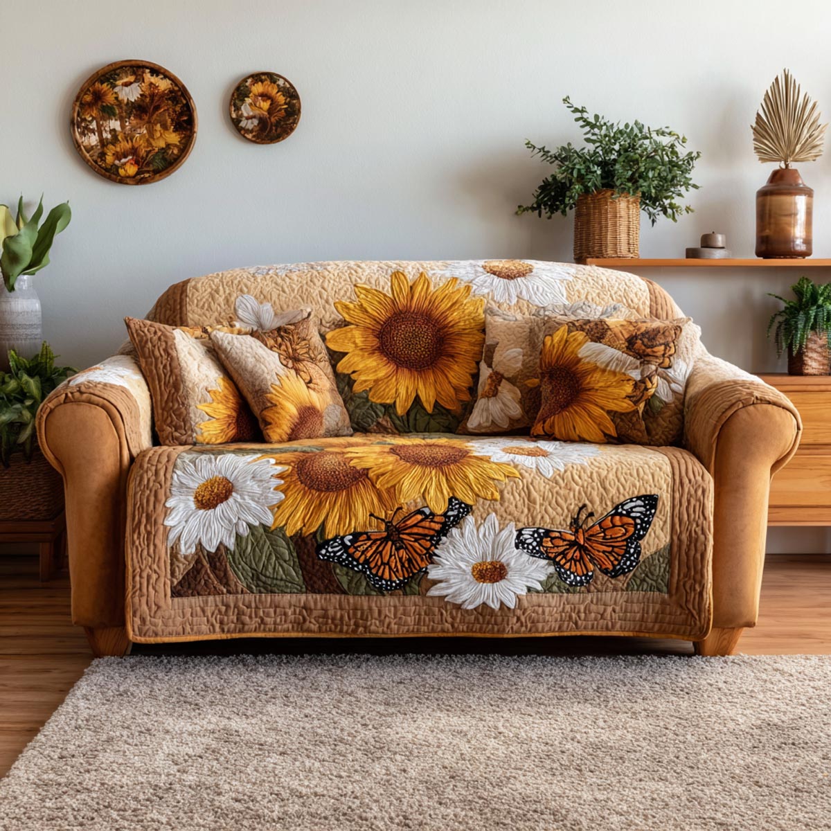 Sunlit Fields Quilted Sofa Cover Simple Home Room Decor Gift For Sunrise Lover - Tradiviet