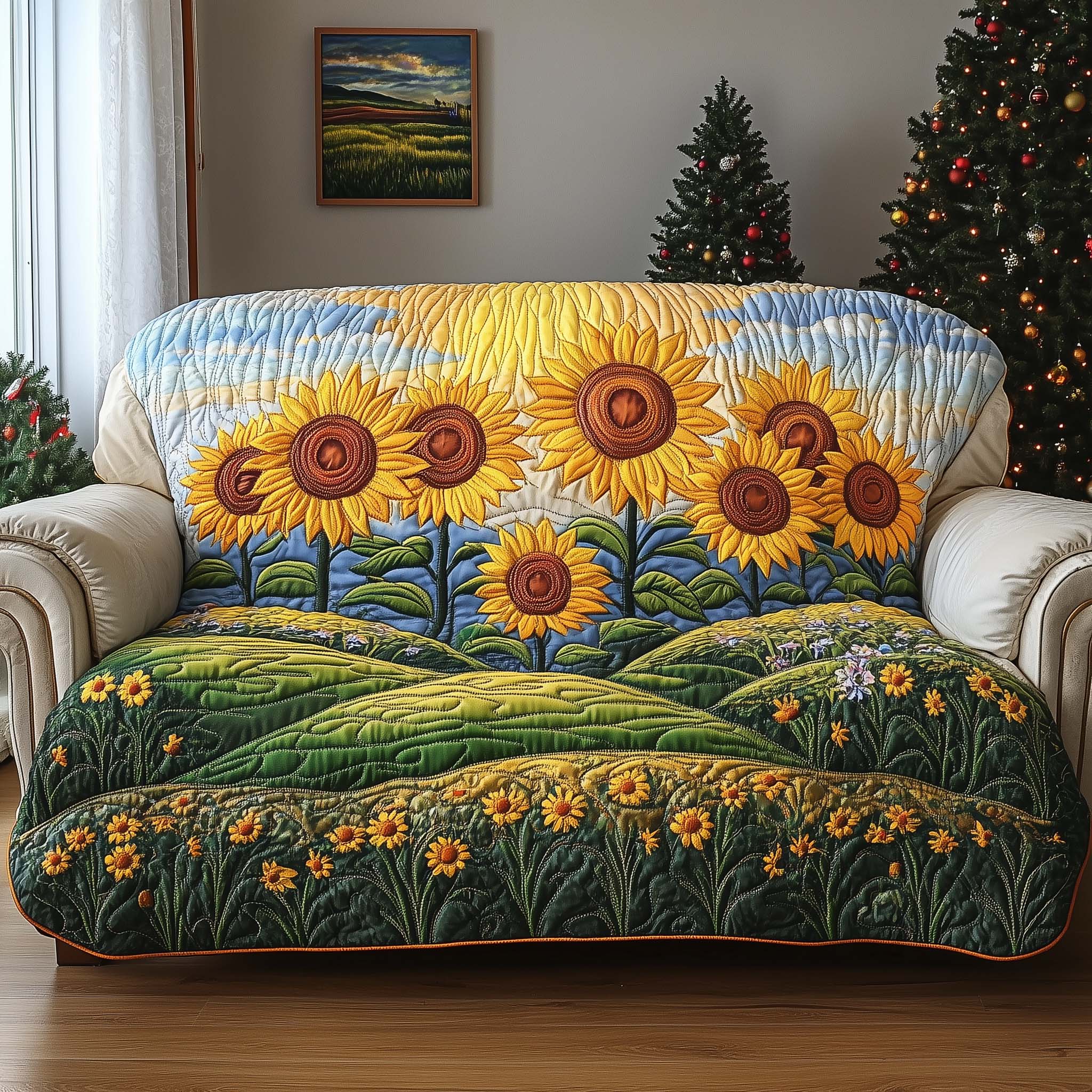 Sunlit Meadow Quilted Sofa Cover Floral Home Couch Cover Gifts For House Lovers - Tradiviet