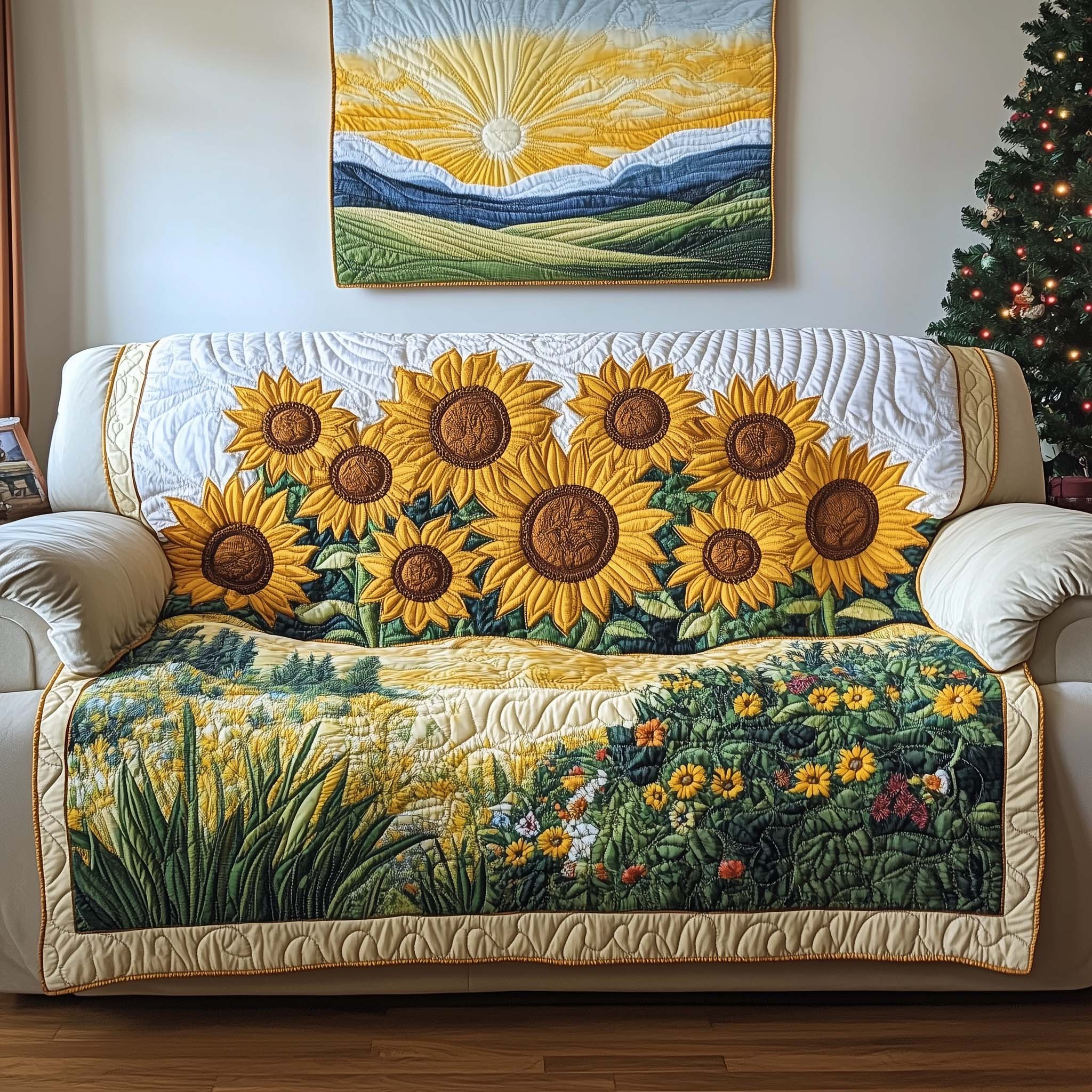 Sunlit Meadow Quilted Sofa Cover Floral Home Couch Cover Gifts For Sun Lovers - Tradiviet
