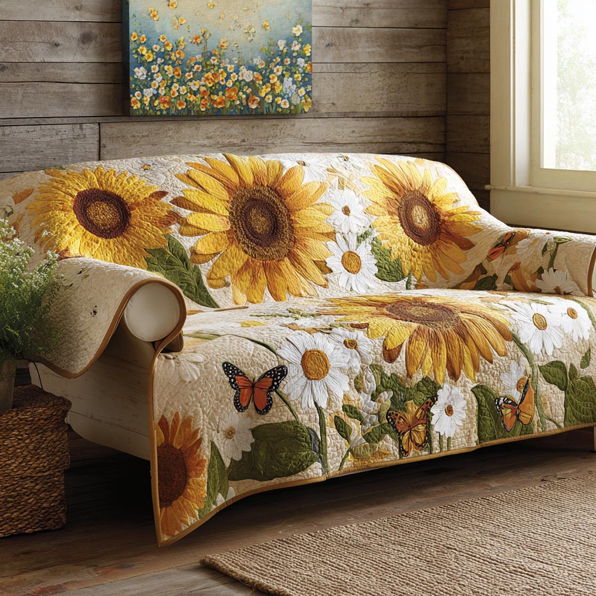 Sunny Bloom Quilted Sofa Cover Neutral Home Room Decor Sunrise Lover Gift Ideas - Tradiviet