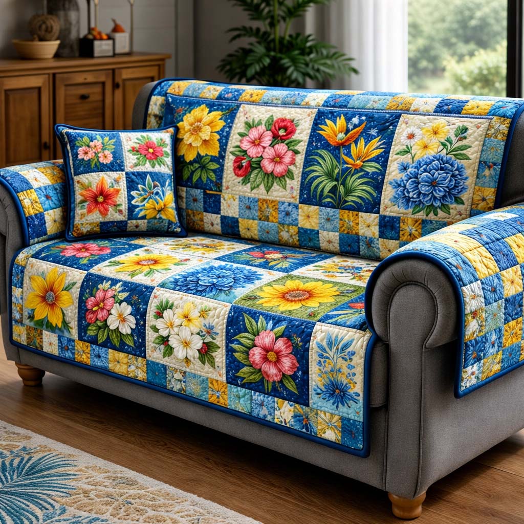 Sunny Meadow Patchwork Quilted Sofa Cover Floral Home Couch Cover Cozy Living Gift Ideas - Tradiviet