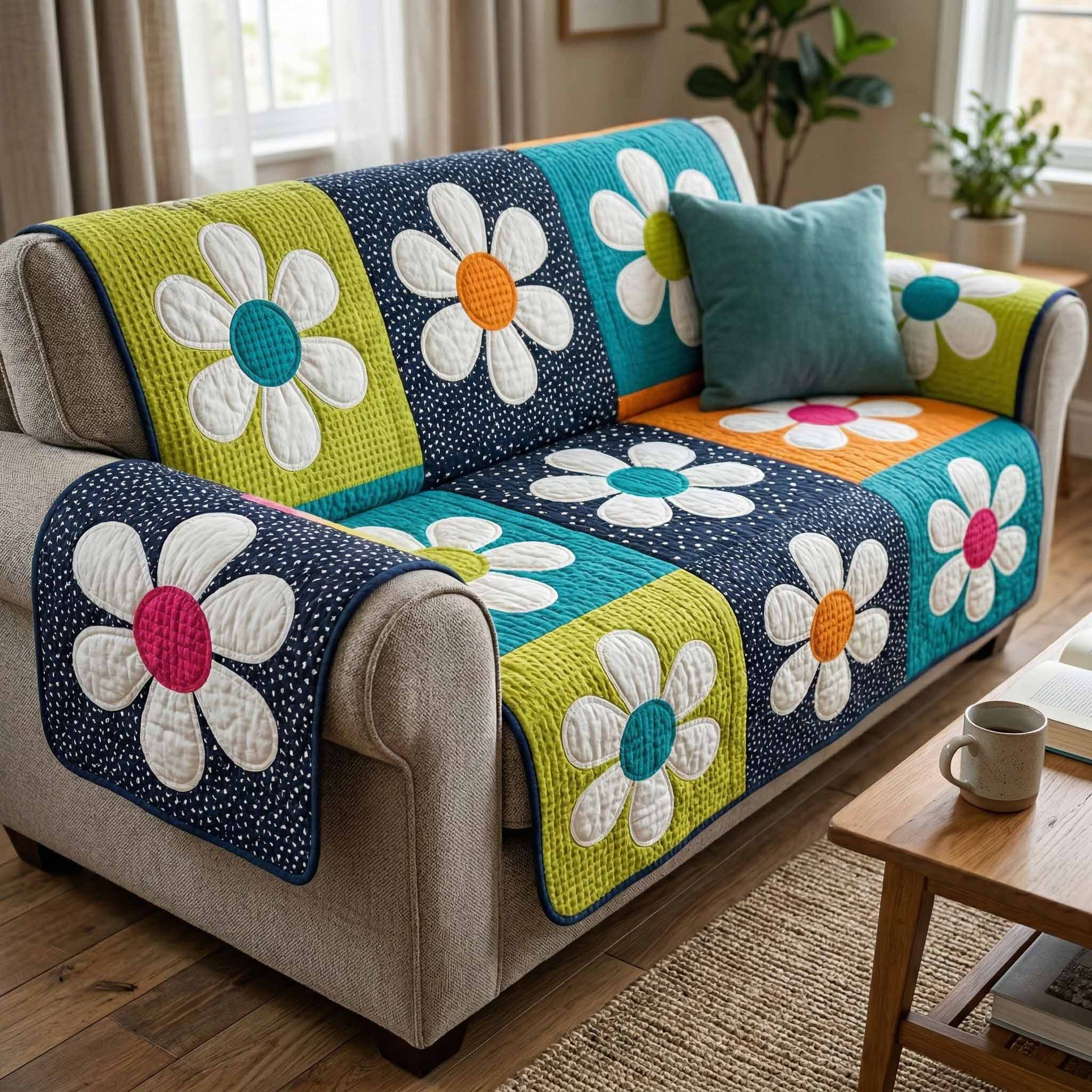 Sunny Petals Quilted Sofa Cover Sofa Blanket Cover Flower Daisy Presents Gifts - Tradiviet
