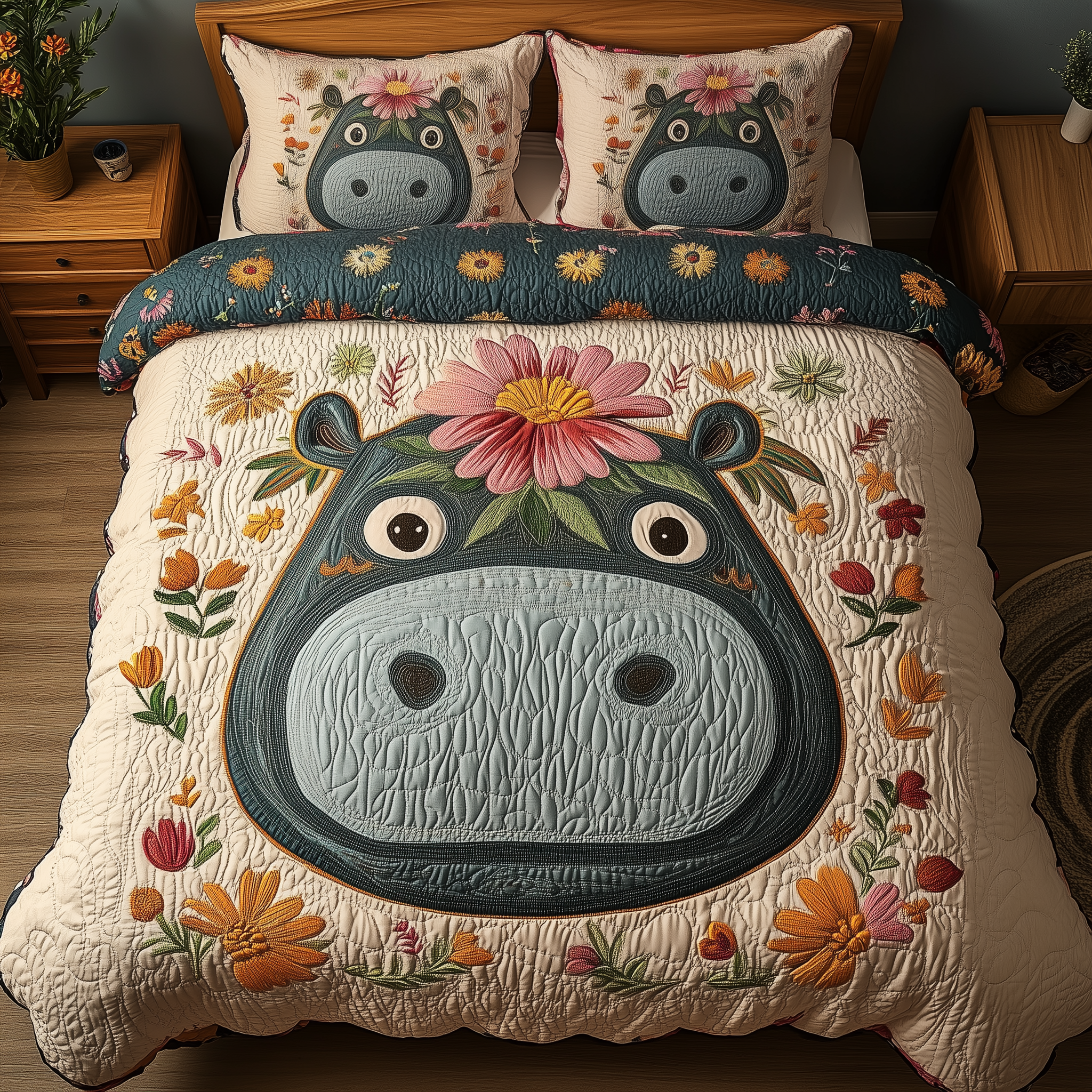 Sunny Smile Hippo Quilted Bedding Set Sunny Smile Idea Gift For Sunny Smile - Tradiviet