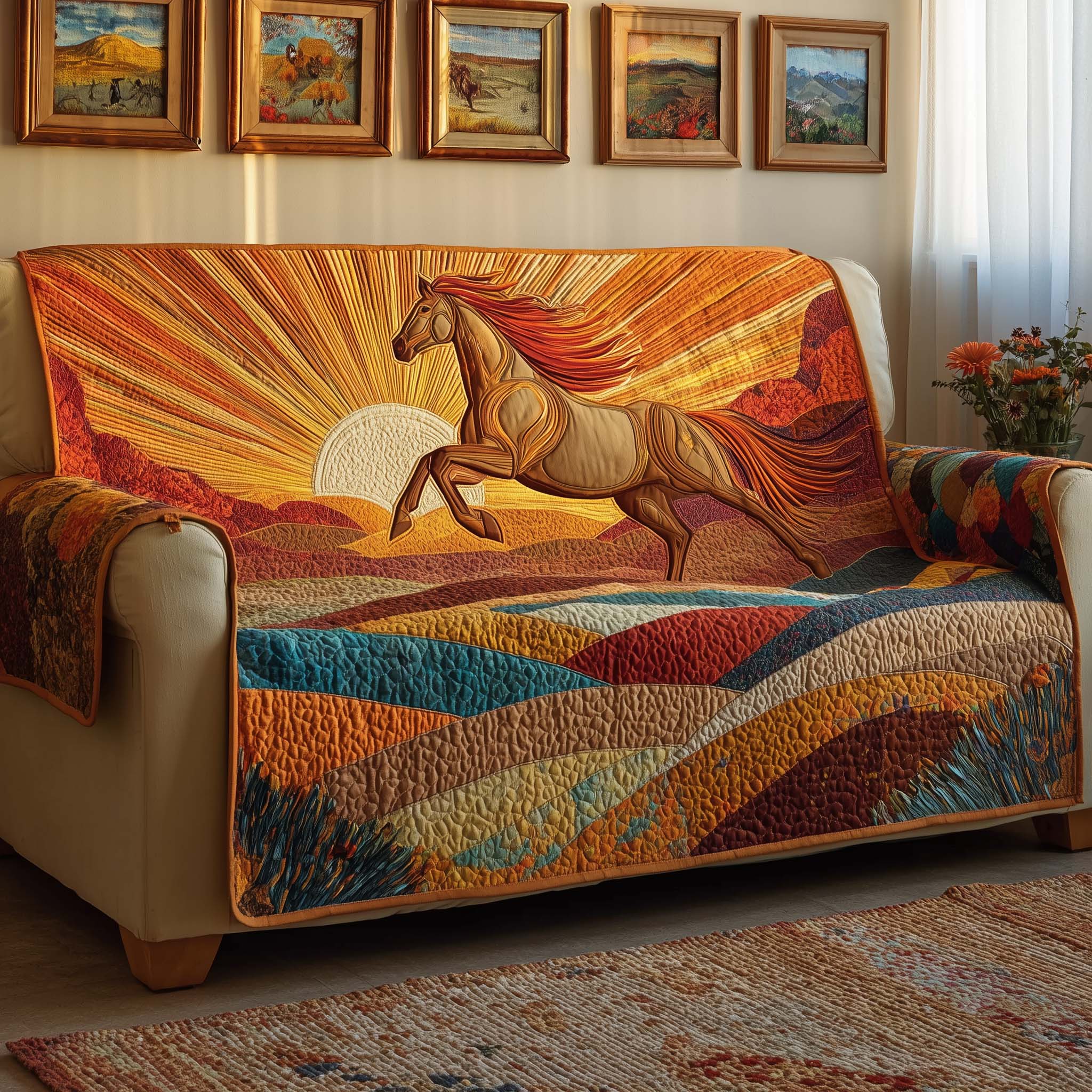 Sunrise Gallop Quilted Sofa Cover Western Home Couch Cover Present For New Home - Tradiviet