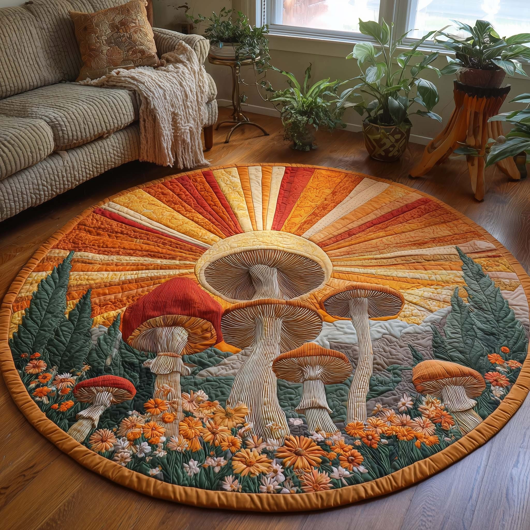 Sunrise Mushroom Quilted Round Mat Living Room Decorations Mushroom Lover Gifts - Tradiviet
