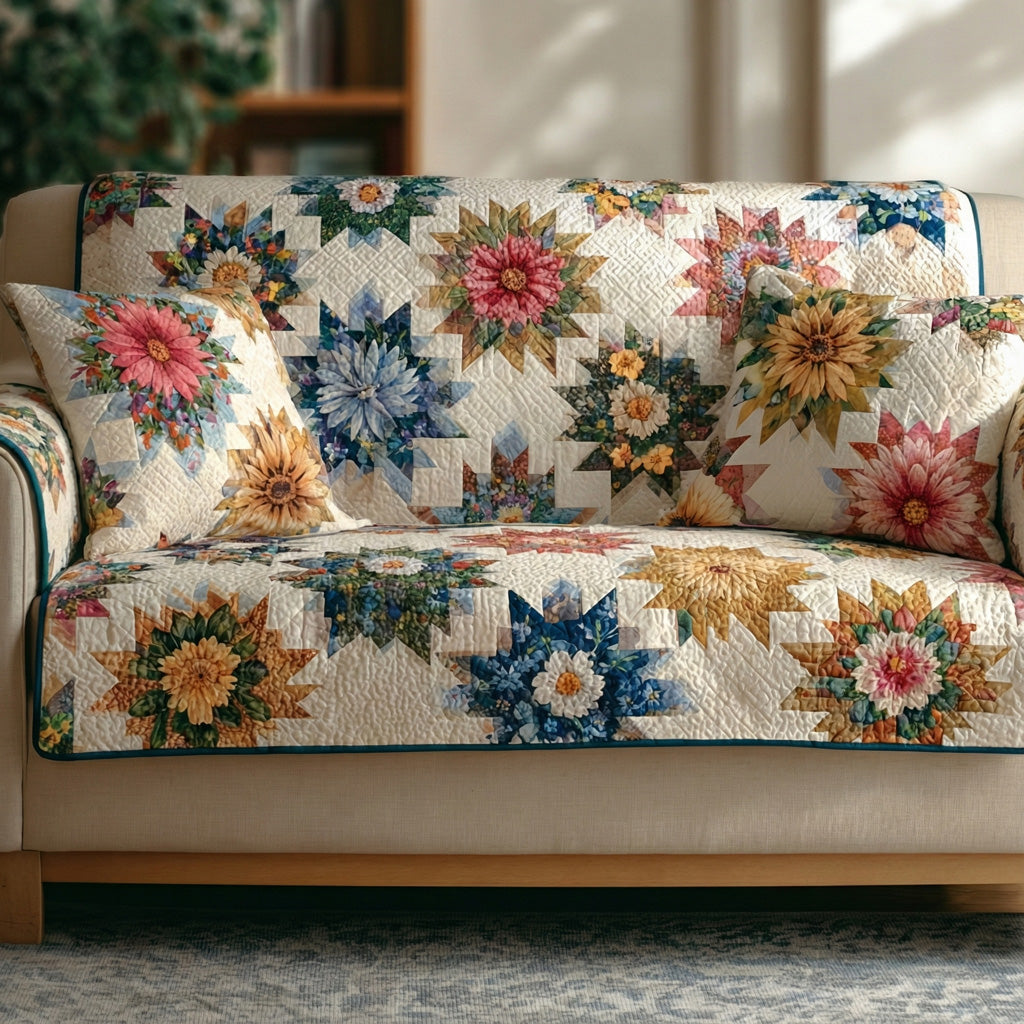 Sunrise Petal Star Quilted Sofa Cover Simple Home Room Decor Sunshine Lover Gift Ideas - Tradiviet