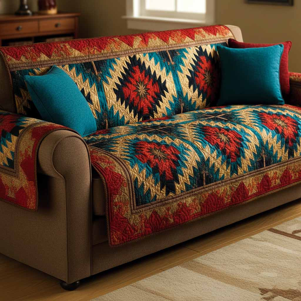Sunset Aztec Quilted Sofa Cover Sofa Blanket Cover Native American Christmas Gift Ideas - Tradiviet