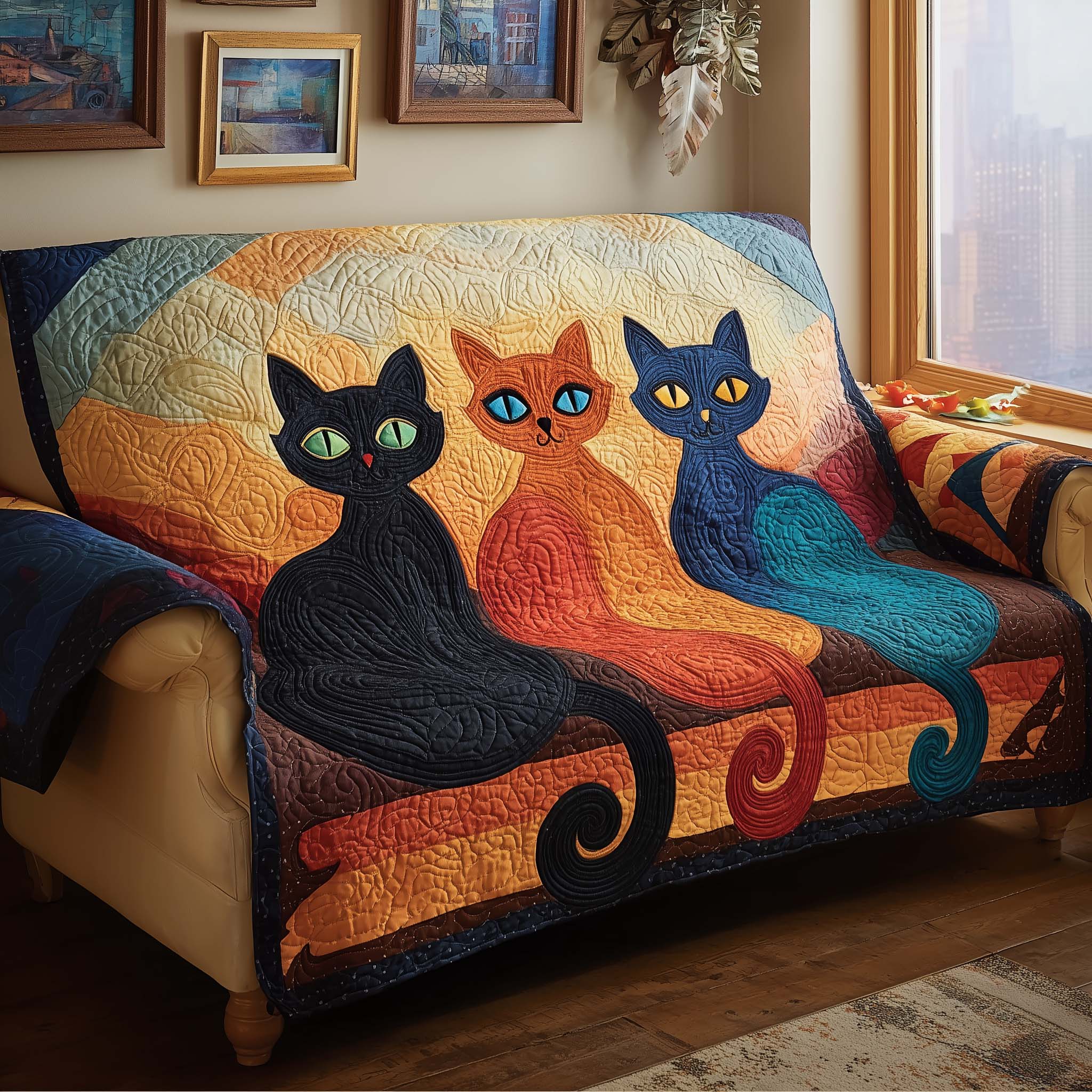 Sunset Cats Quilted Sofa Cover Cat Home Couch Cover Gift For Cozy Spaces - Tradiviet
